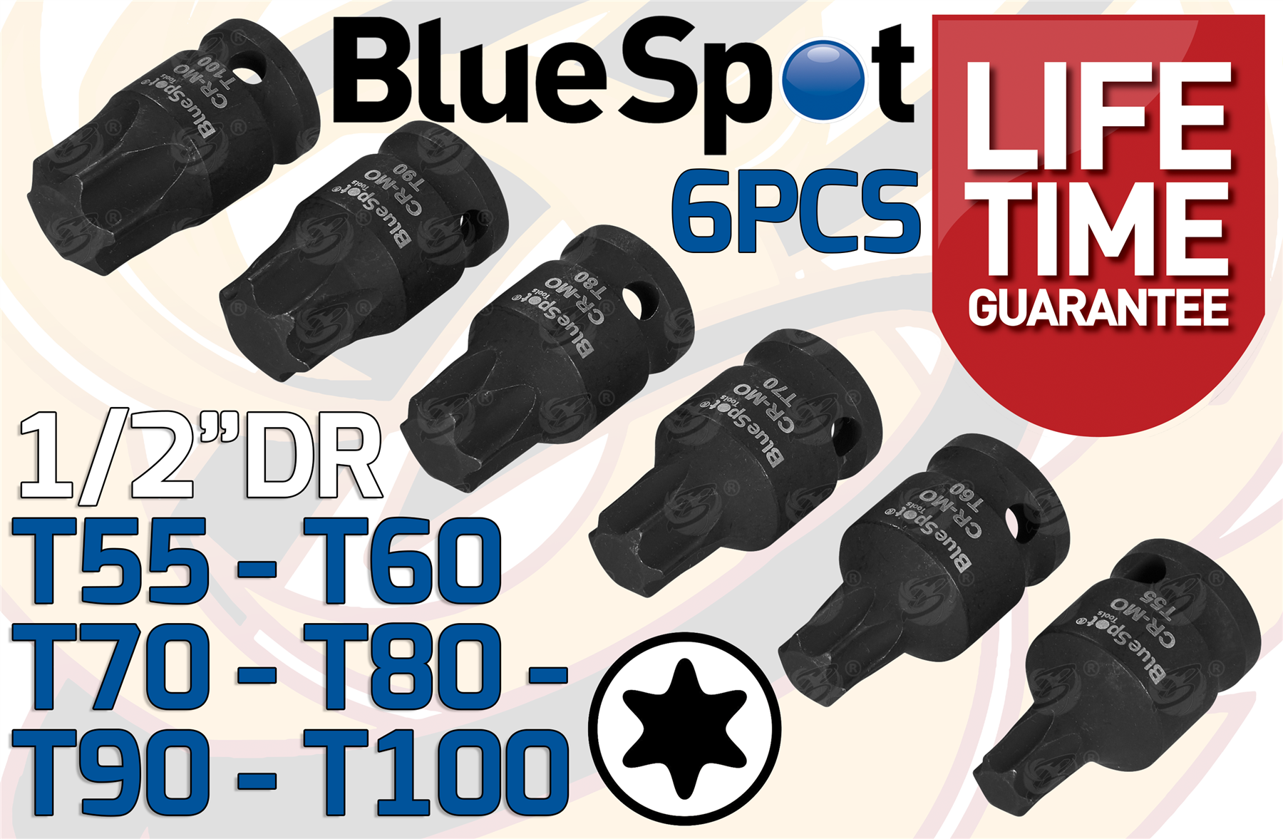 BlueSpot 6 Piece 1/2" Drive Impact Torx Bit Sockets T55 - T100 ( 01598 )
