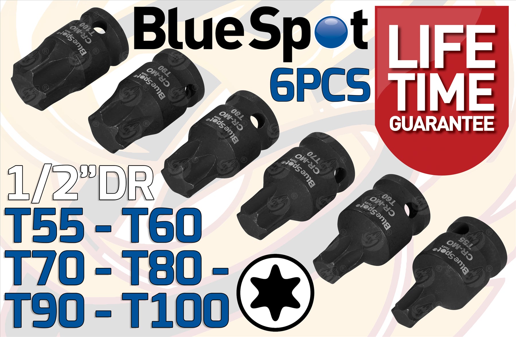 BLUESPOT 6PCS 1/2" DRIVE IMPACT TORX BIT SOCKETS T55 - T100
