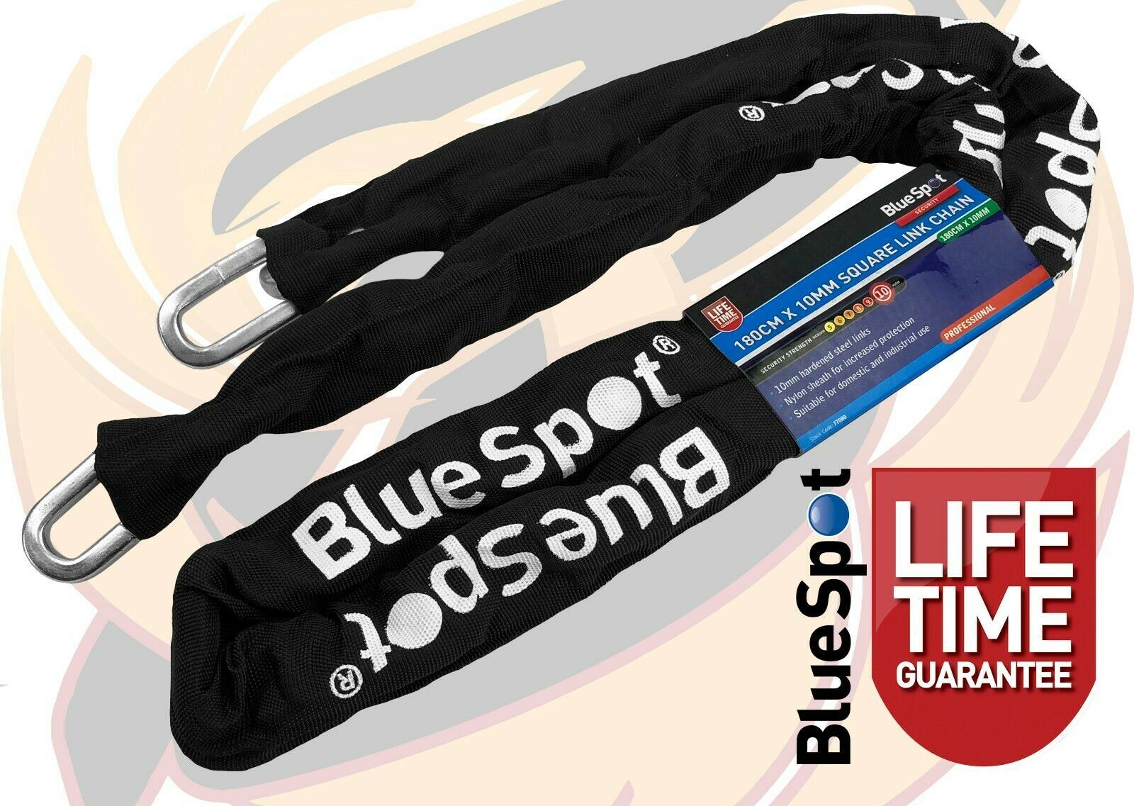 BLUESPOT 6FT LONG 10MM LINKS SECURITY CHAIN WITH 94MM HIGH SECURITY PADLOCK