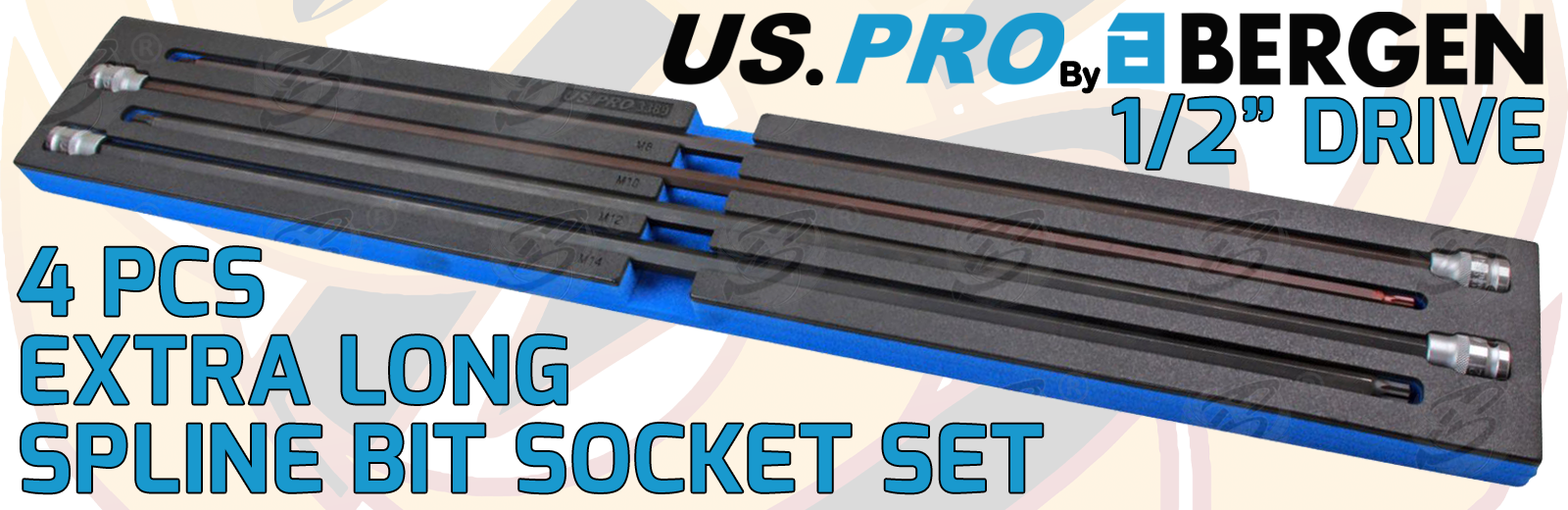 US Pro 4 Piece 800mm 1/2" Drive Extra Long Spline Bit Sockets M8 - M14 3389