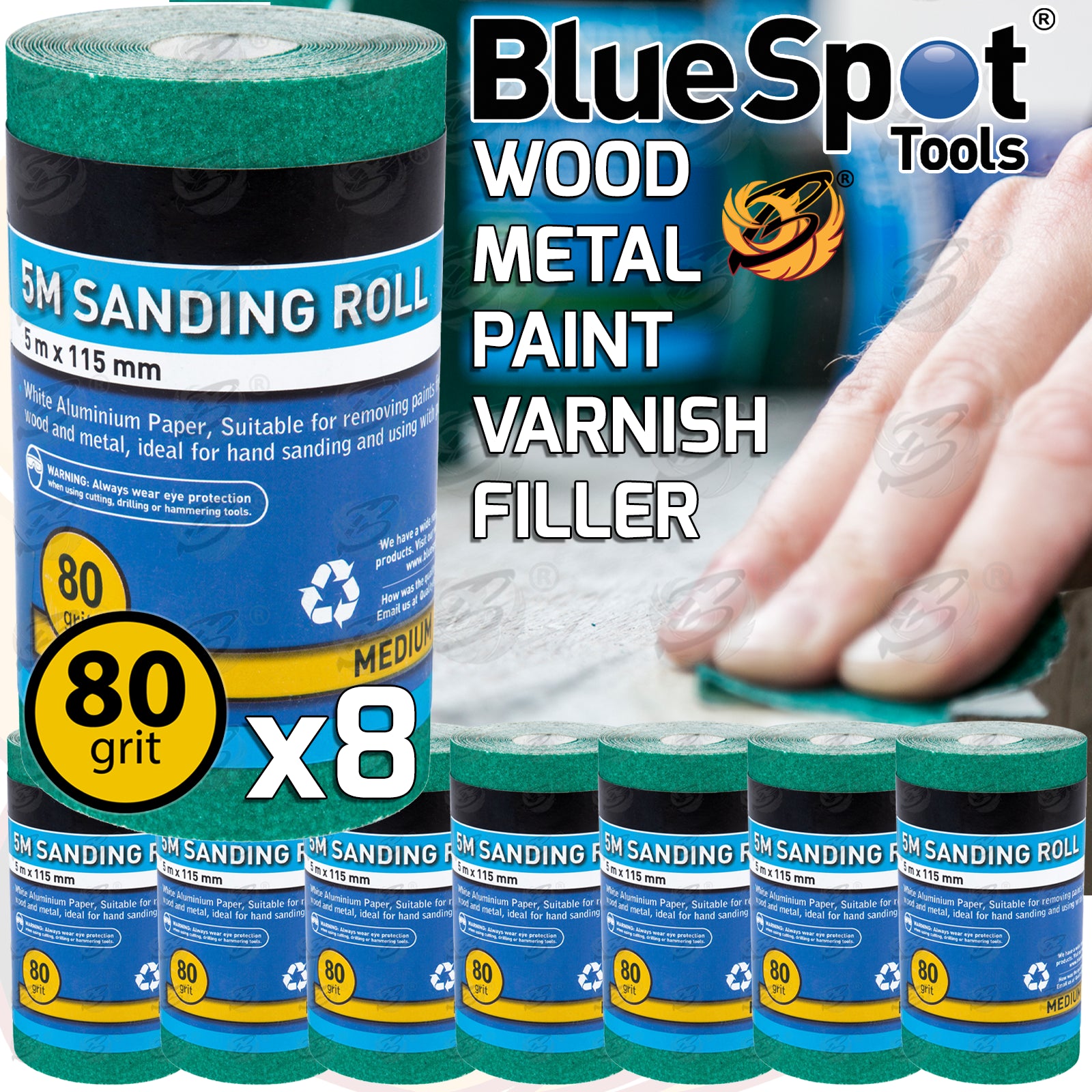 BLUESPOT 80 GRIT SANDING ROLL ( 5M x 115MM ) ( 8 ROLLS )