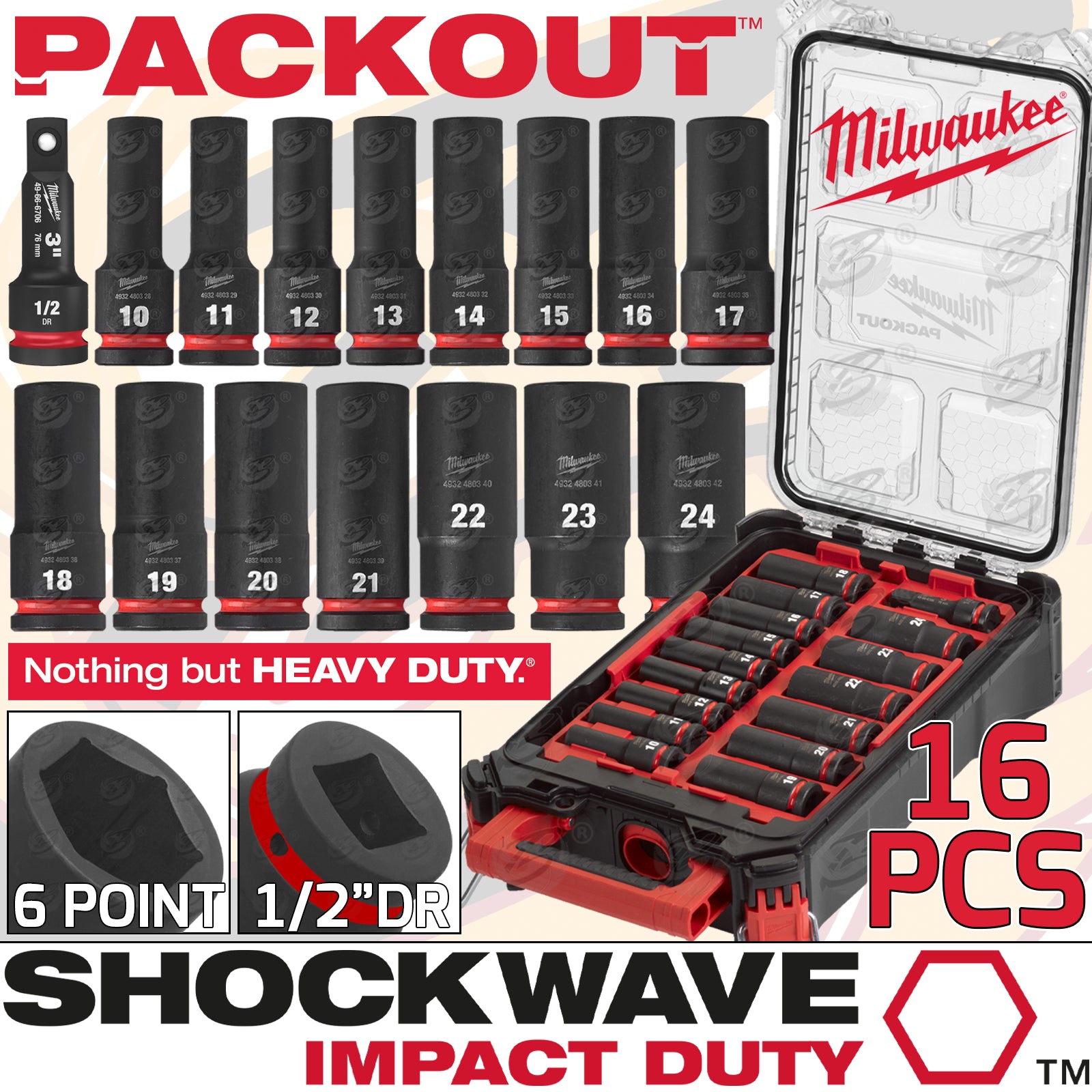 MILWAUKEE 16PCS 1/2" DRIVE 6 POINT DEEP IMPACT SOCKETS 10MM - 24MM IN PACKOUT ( SHOCKWAVE IMPACT DUTY )
