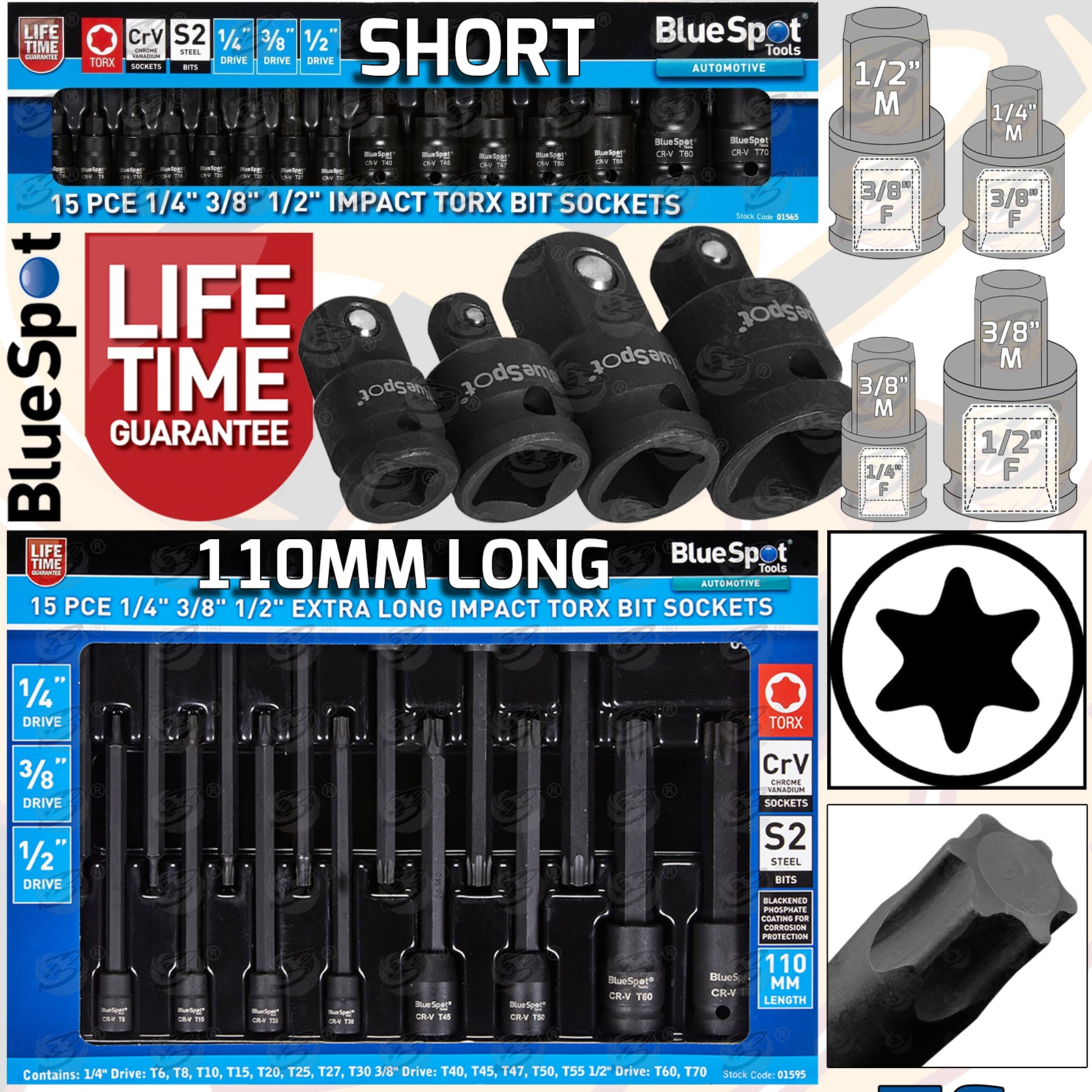 BLUESPOT 30PCS 1/4" & 3/8" & 1/2" DRIVE IMPACT TORX BIT SOCKETS T6 - T70 & 4PCS IMPACT SOCKET ADAPTERS