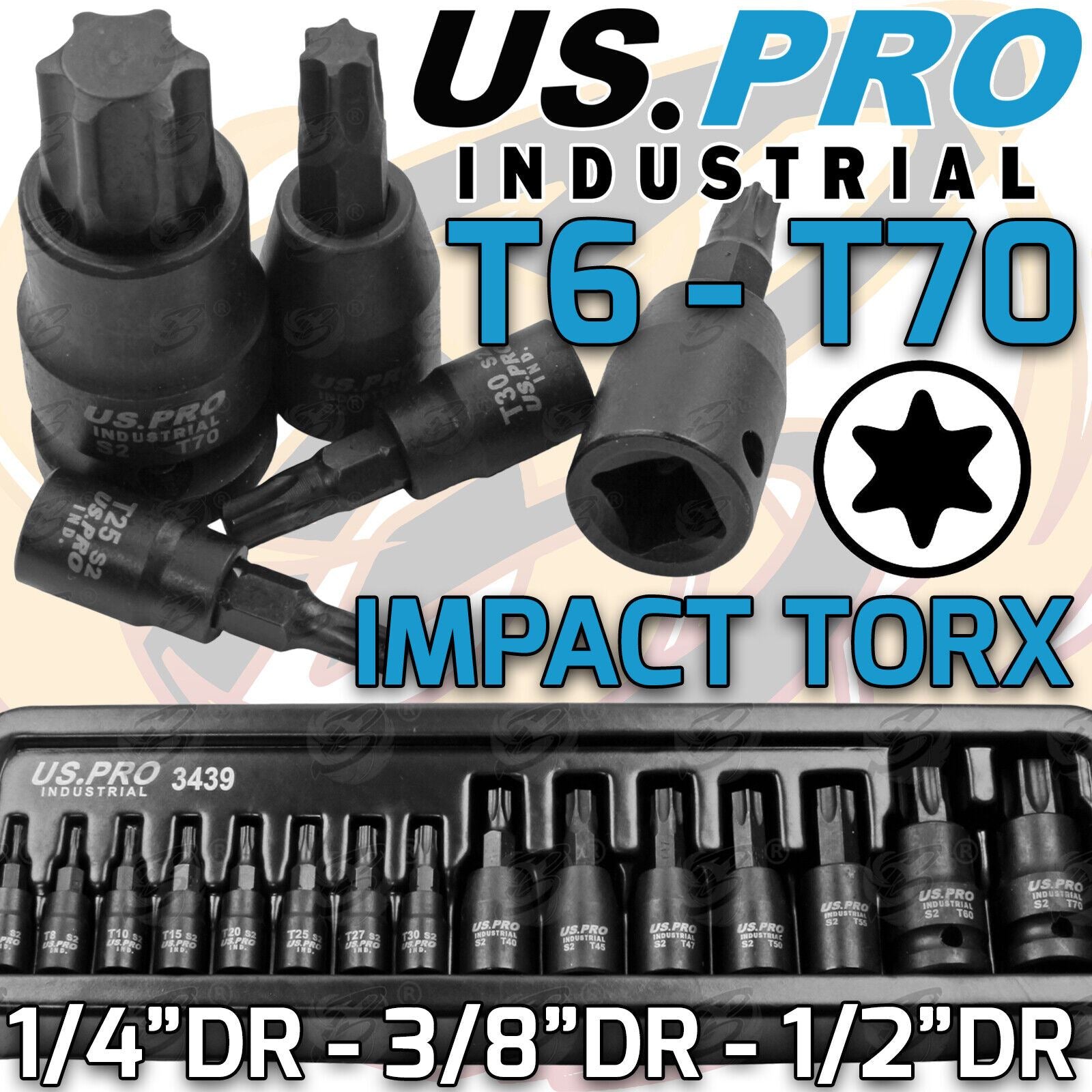 US PRO INDUSTRIAL 15PCS 1/4" & 3/8" & 1/2" DRIVE IMPACT TORX BIT SOCKETS T6 - T70