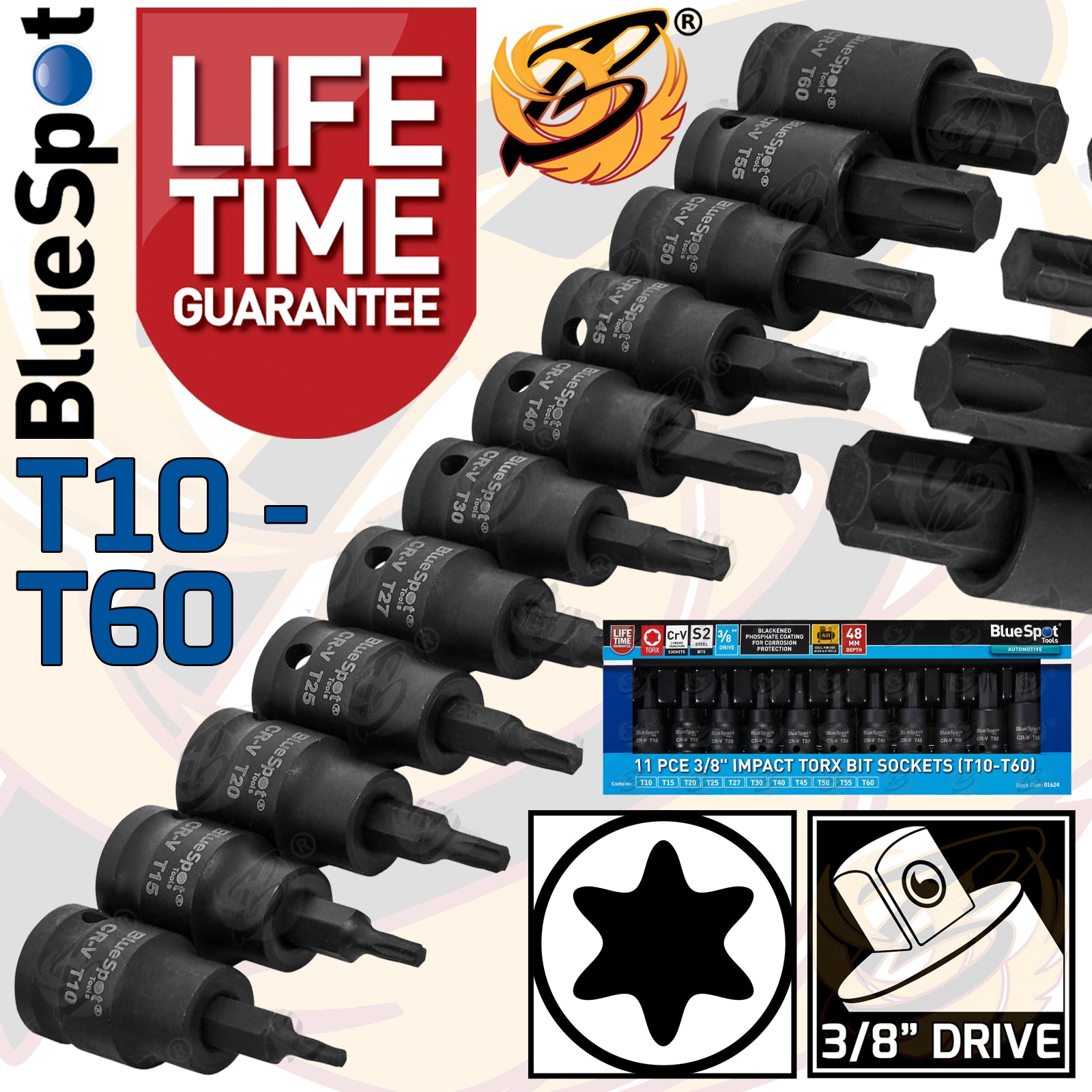 BLUESPOT 11 PCE 3/8" DRIVE IMPACT TORX BIT SOCKETS (T10 - T60)