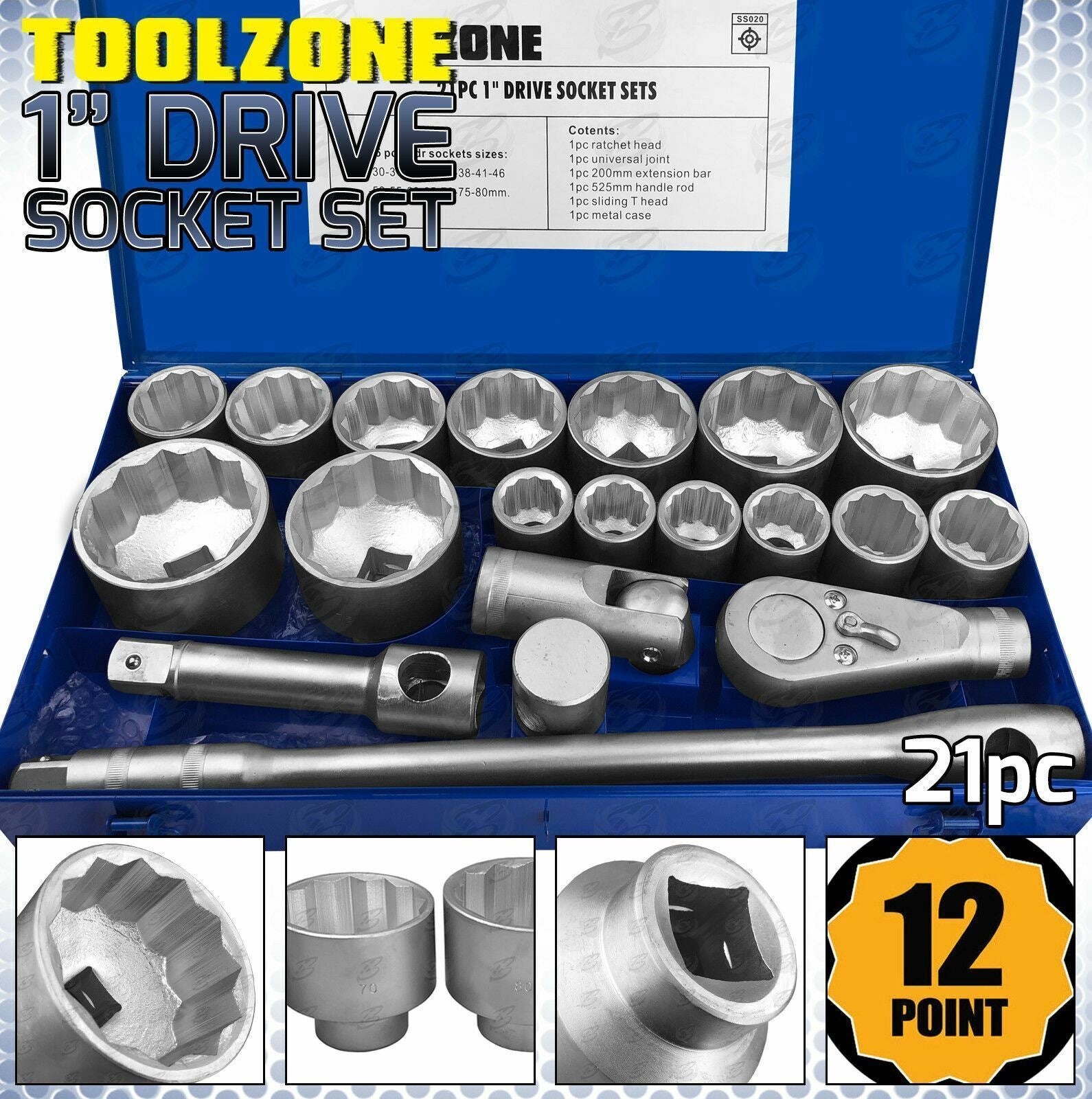 Toolzone 21 Piece 1" Drive 12 Point Socket Set 30mm - 80mm SS020