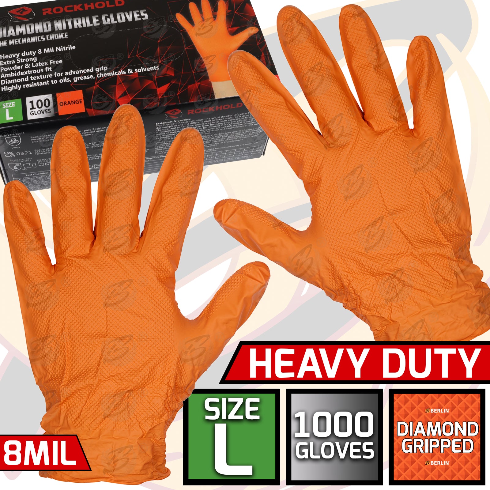 ROCKHOLD HEAVY DUTY ORANGE 8 MIL NITRILE DIAMOND GRIP GLOVES ( LARGE - 1000 GLOVES )