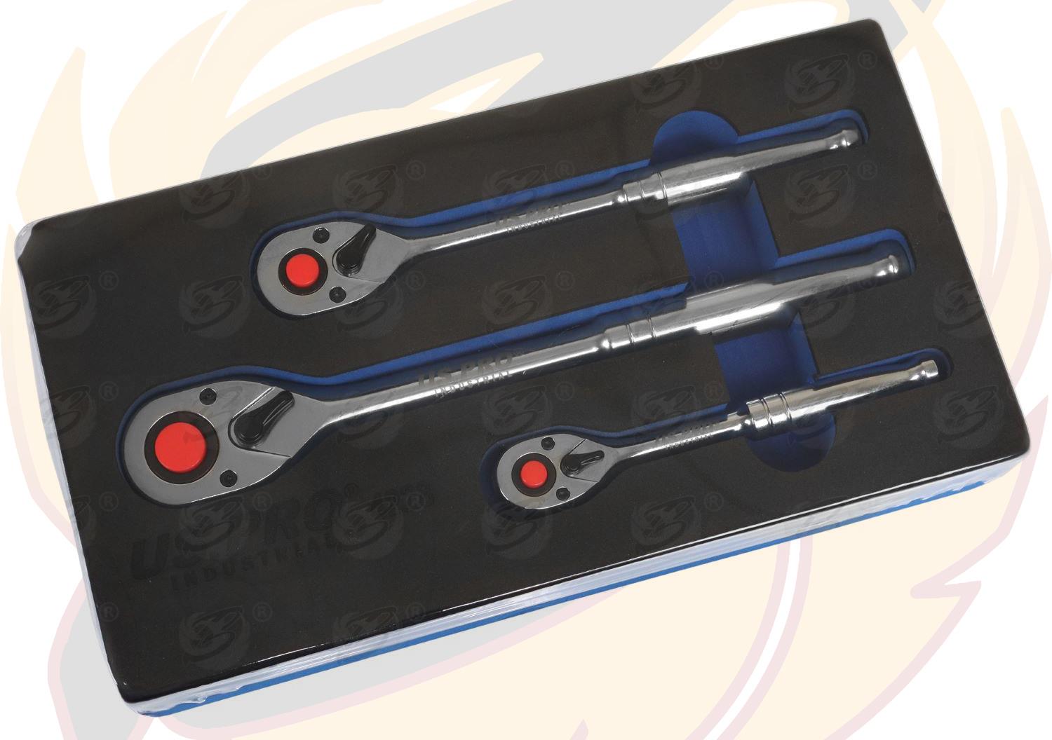 US Pro Industrial 3 Piece 1/4" & 3/8" & 1/2" Drive 90 Tooth Ratchet Handles 4228