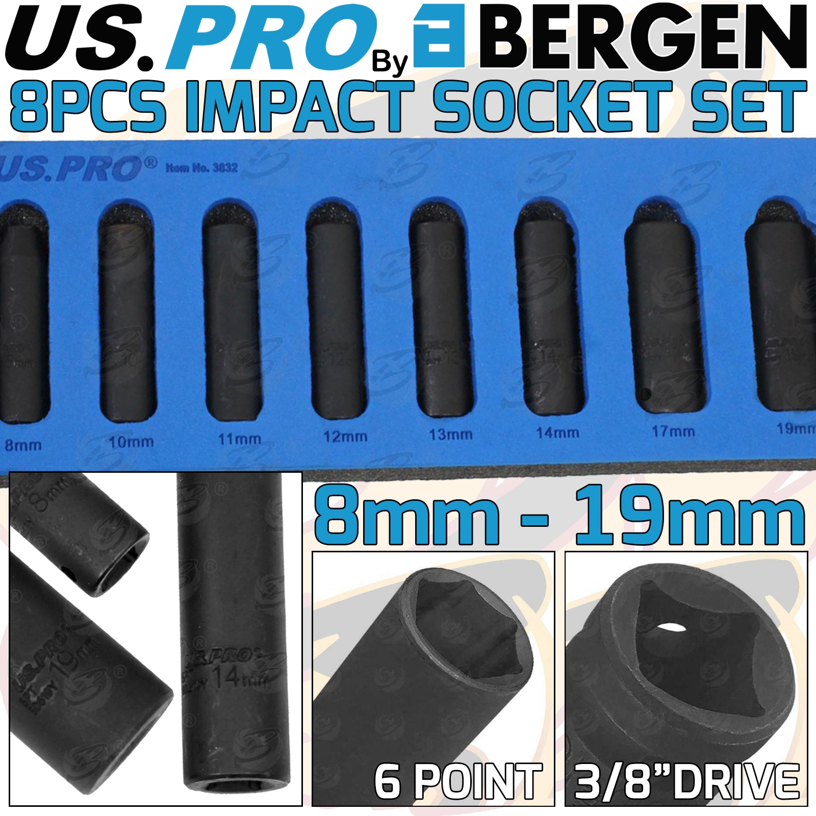 US PRO 8PCS 3/8" DRIVE 6 POINT DEEP IMPACT SOCKETS 8MM - 19MM