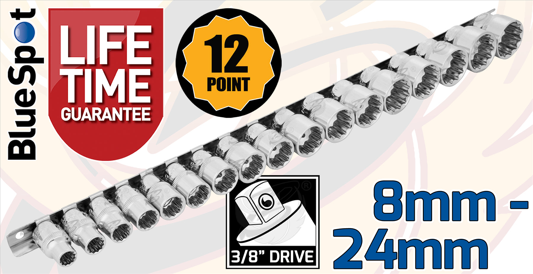 BLUESPOT 17PCS 3/8" DRIVE 12 POINT SHALLOW SOCKETS 8MM - 24MM
