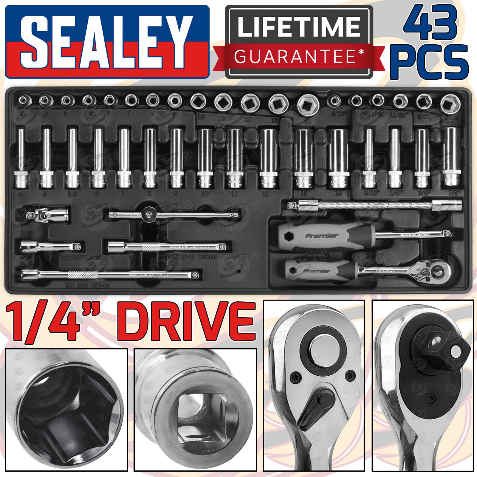 SEALEY 43PCS 1/4" DRIVE 6 POINT SOCKET SET 4MM - 14MM