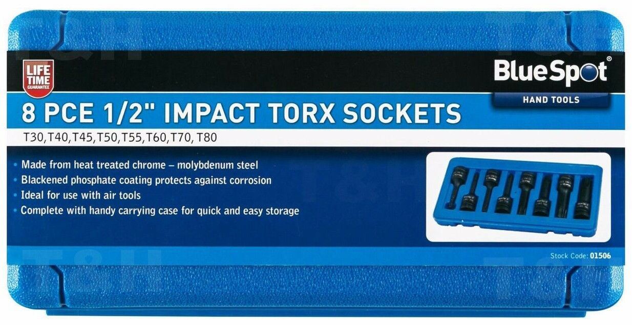 BLUESPOT 8PCS 1/2" DRIVE IMPACT TORX BIT SOCKETS T30 - T0