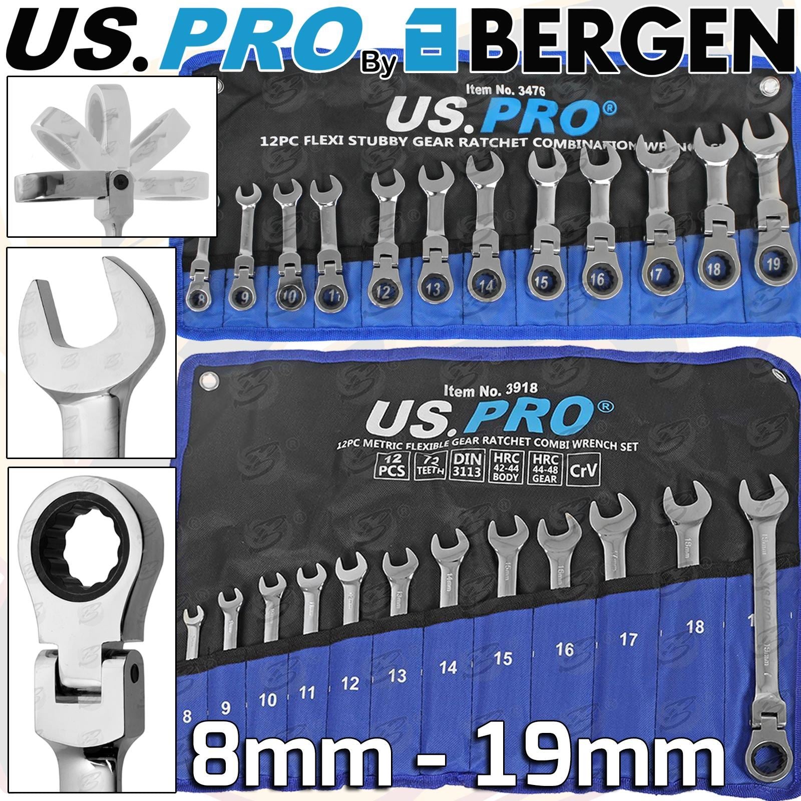 US PRO 24PCS SPANNER & STUBBY FLEXIBLE RATCHET SPANNER SET 8MM - 19MM