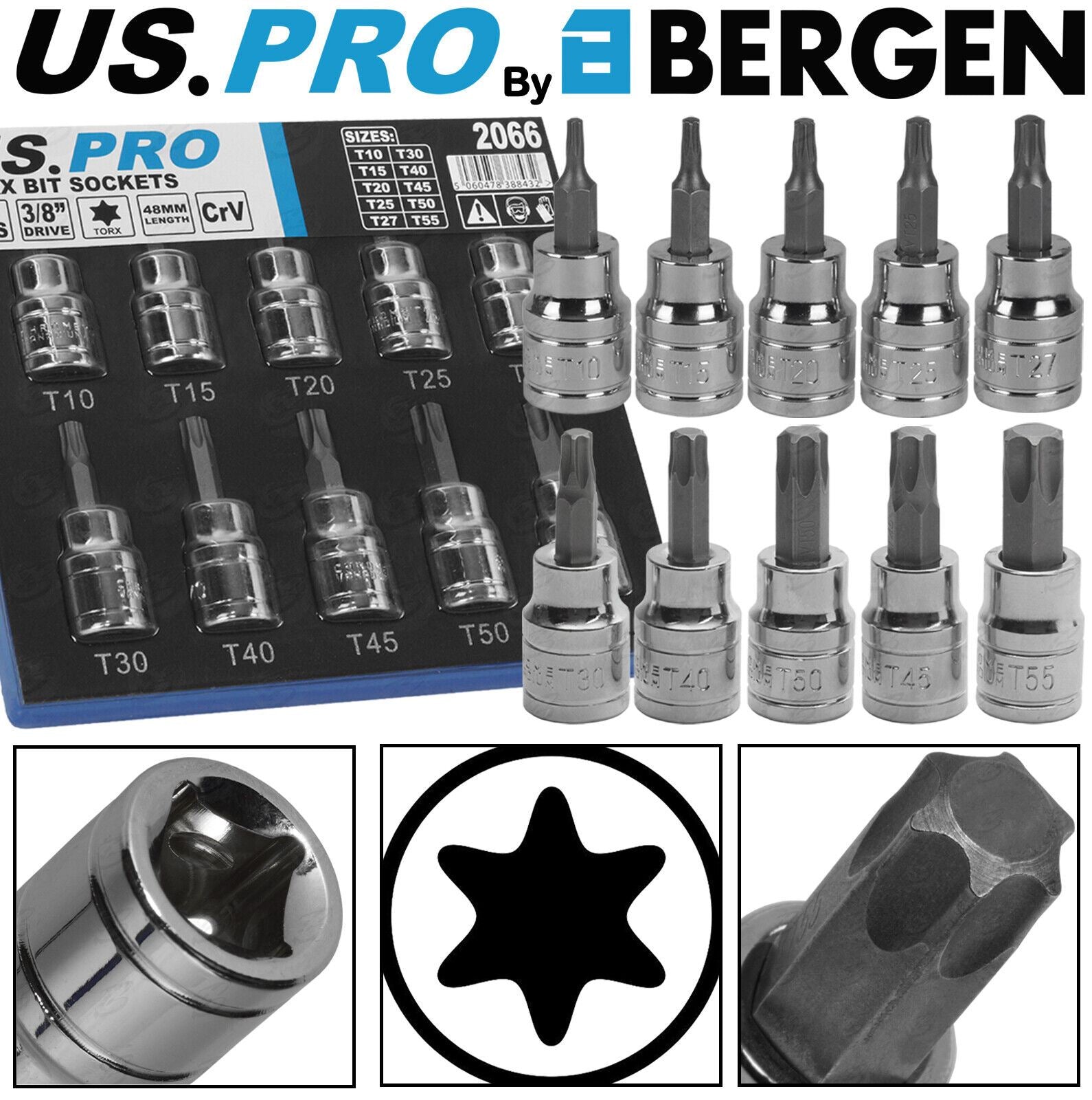 US Pro 10 Piece 3/8" Drive Torx Bit Sockets T10 - T56 2066