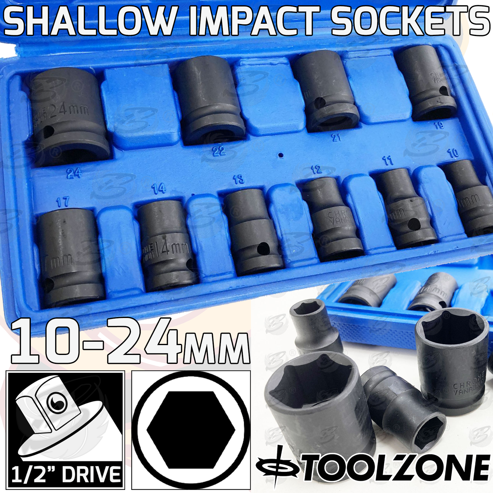 Toolzone 10 Piece 1/2" Drive 6 Point Shallow Impact Sockets 10mm - 24mm ( SS125 )