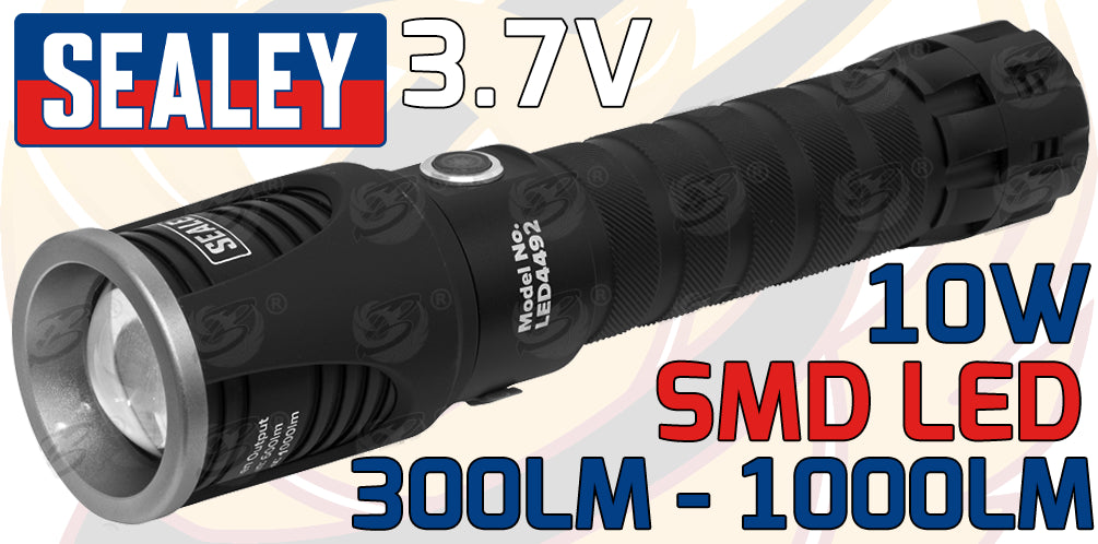 SEALEY RECHARGEABLE LI - ION SMD LED TORCH 10W 300LM - 1000LM
