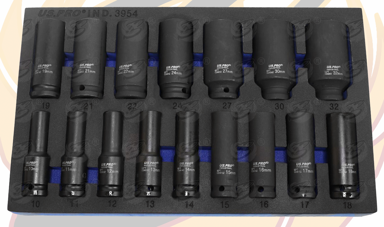 US Pro Industrial 16 Piece 1/2" Drive 6 Point Deep Impact Sockets 10mm - 32mm 3954