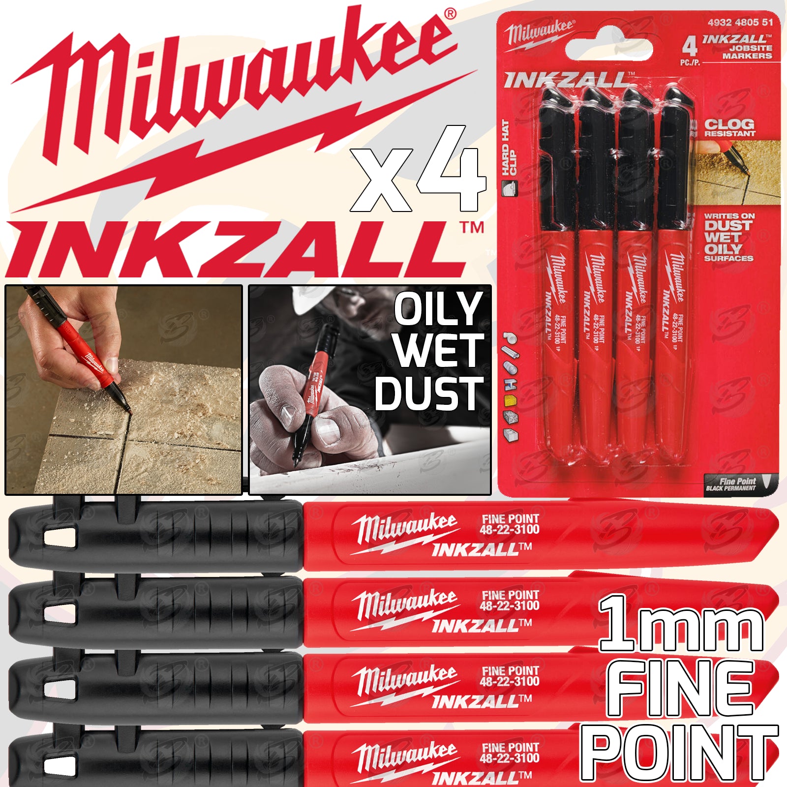 MILWAUKEE INKZALL 1mm ALL SURFACE MARKER PEN ( x4 )