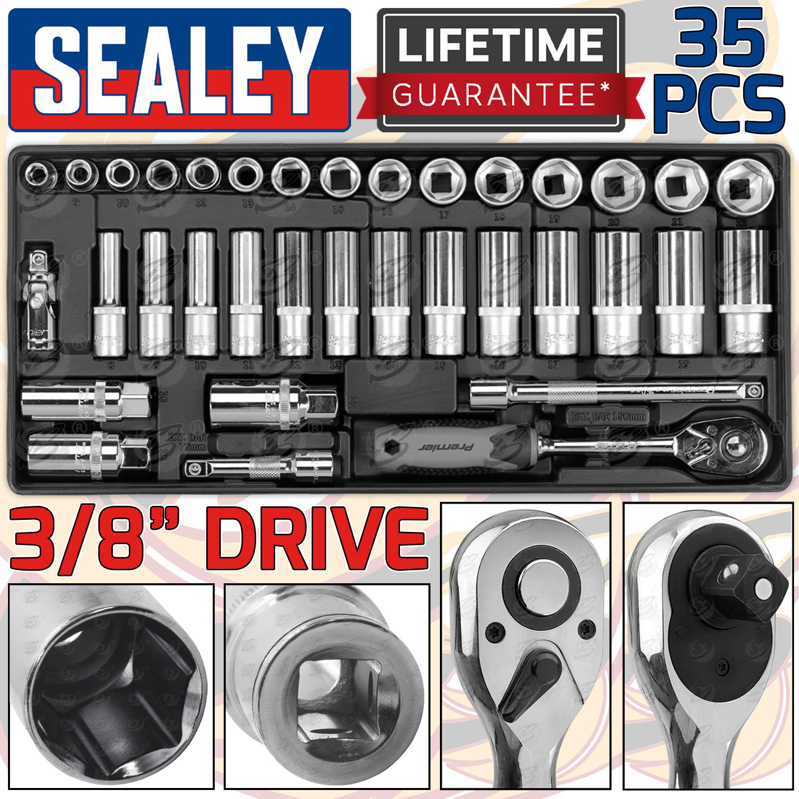 SEALEY 35PCS 3/8" DRIVE 6 POINT SOCKET SET 8MM - 22MM