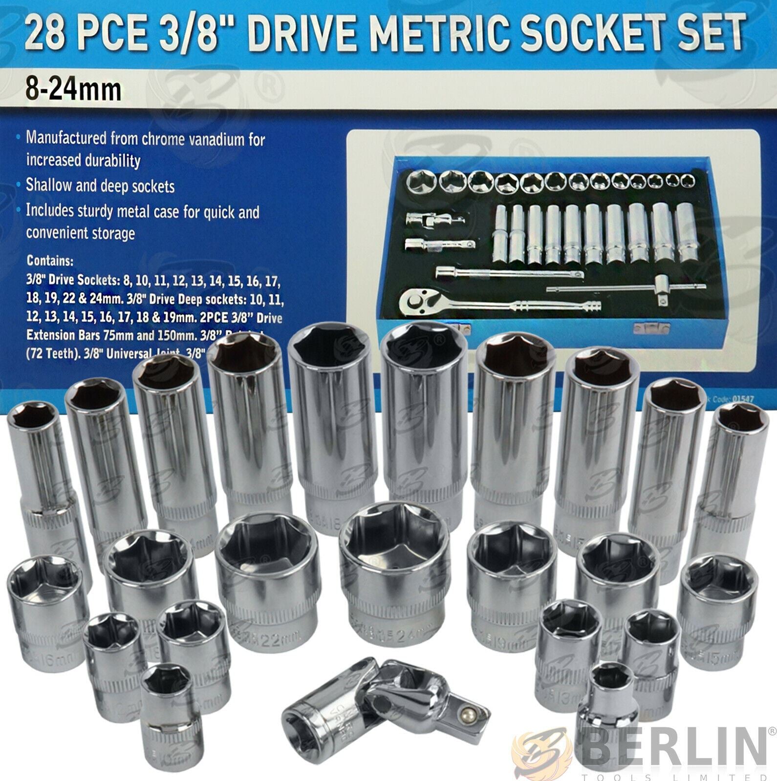 BLUESPOT 28PCS 3/8" DRIVE 6 POINT SOCKET SET 8MM - 24MM