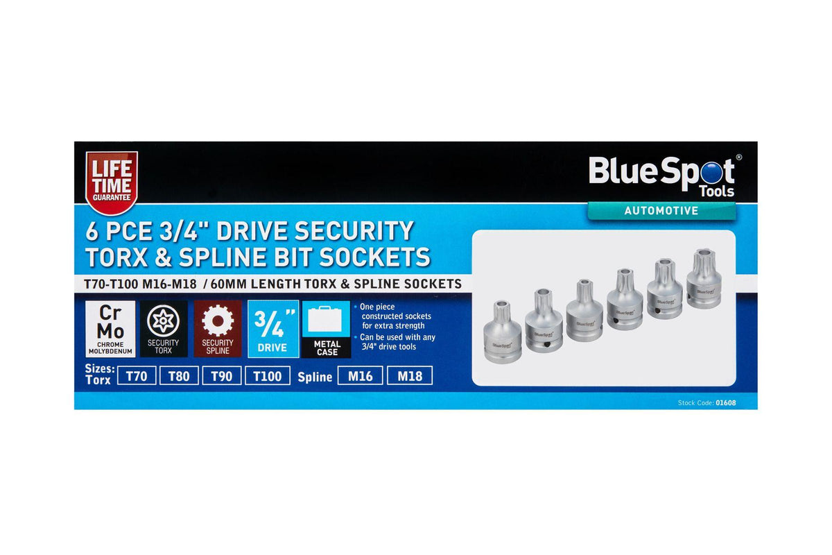 BlueSpot 6 Piece 3/4" Tamper Torx & Spline Bit Sockets T70-T100 With A Manufacturers LifeTime Guarantee 01608