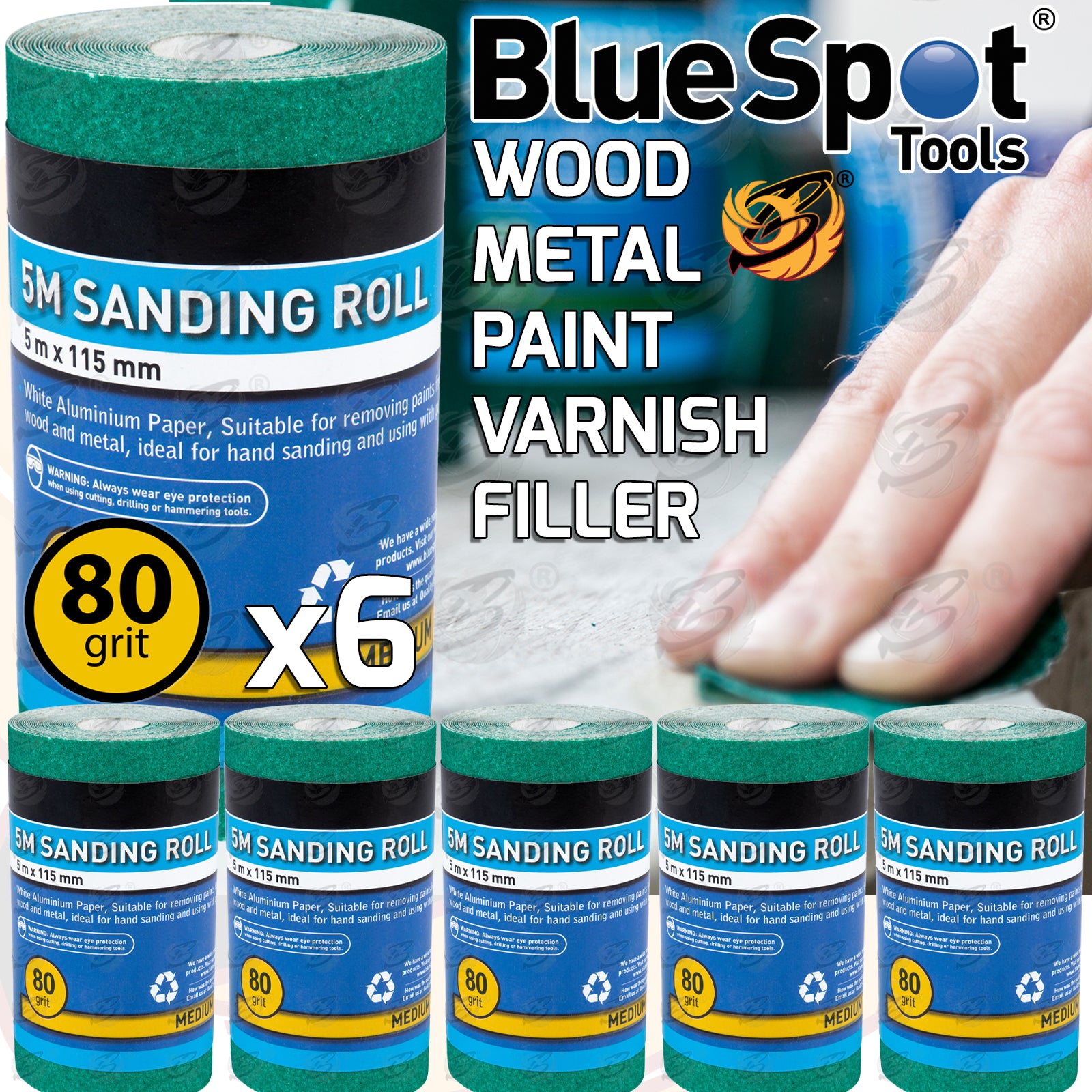 BLUESPOT 80 GRIT SANDING ROLL ( 5M x 115MM ) ( 6 ROLLS )