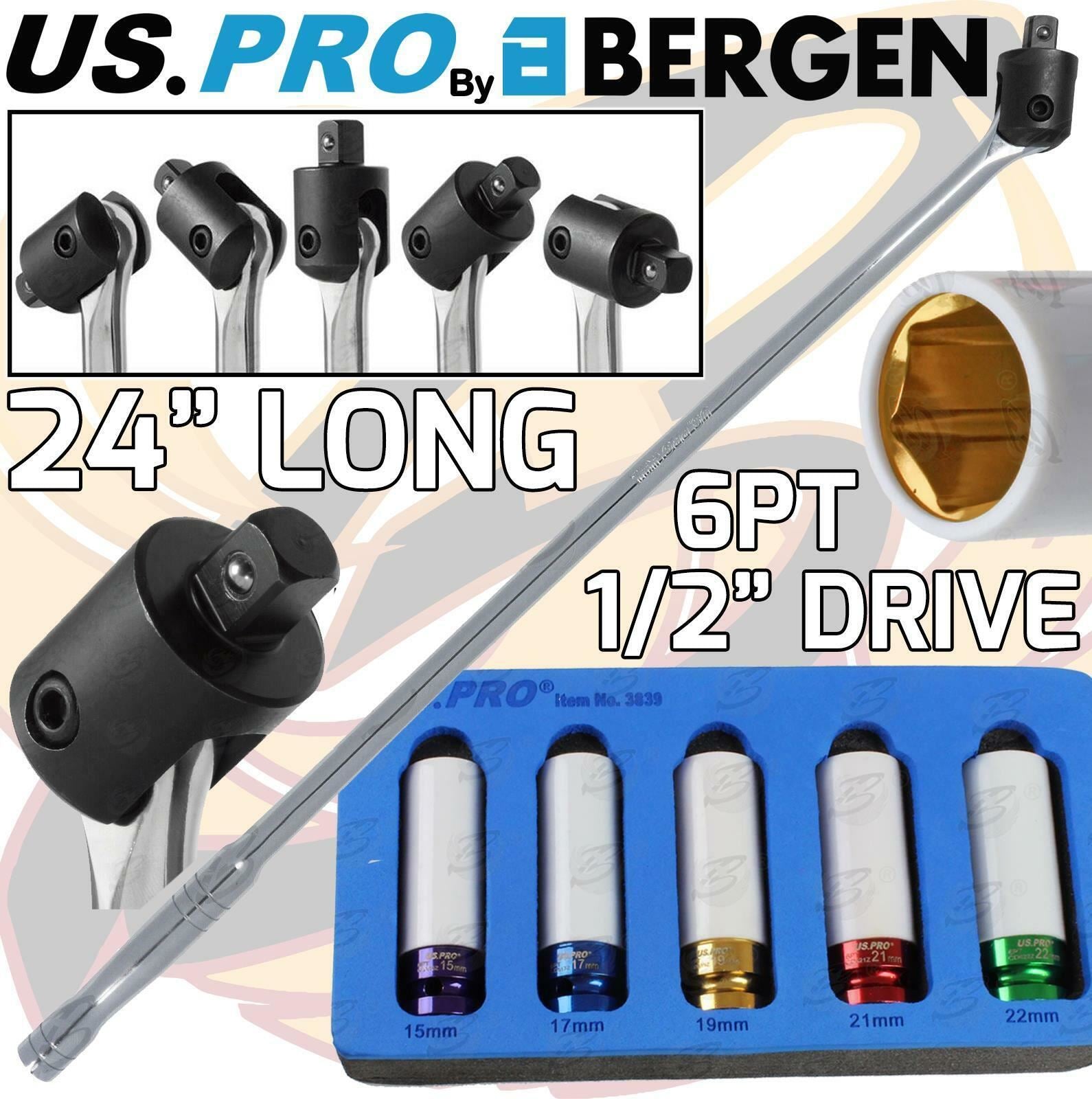 US PRO 1/2" DRIVE 24" LONG BREAKER BAR & 5PCS 6 POINT ALLOY WHEEL NUT SOCKETS 15MM - 22MM