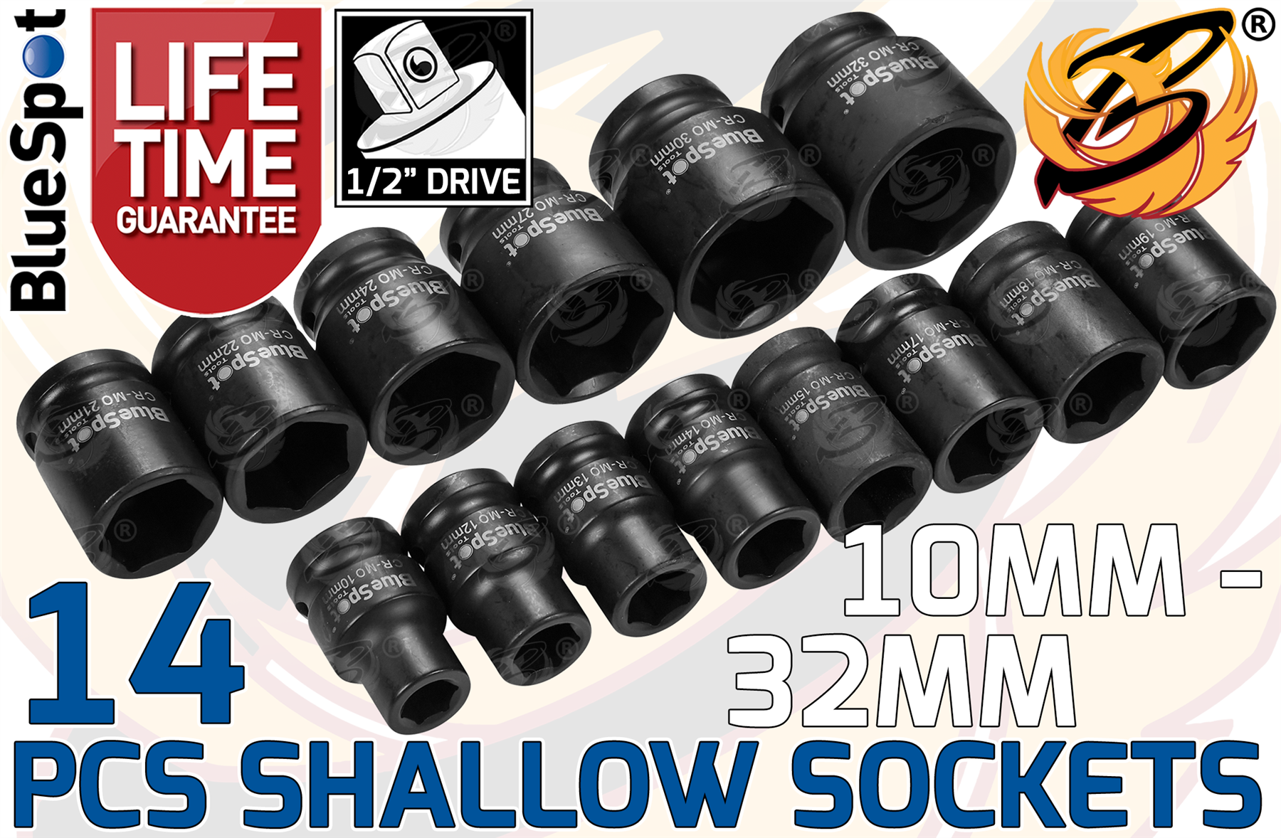 BLUESPOT 33PCS 1/2" DRIVE 6 POINT DEEP & SHALLOW IMPACT SOCKETS & EXTENSION BARS 10MM - 32MM