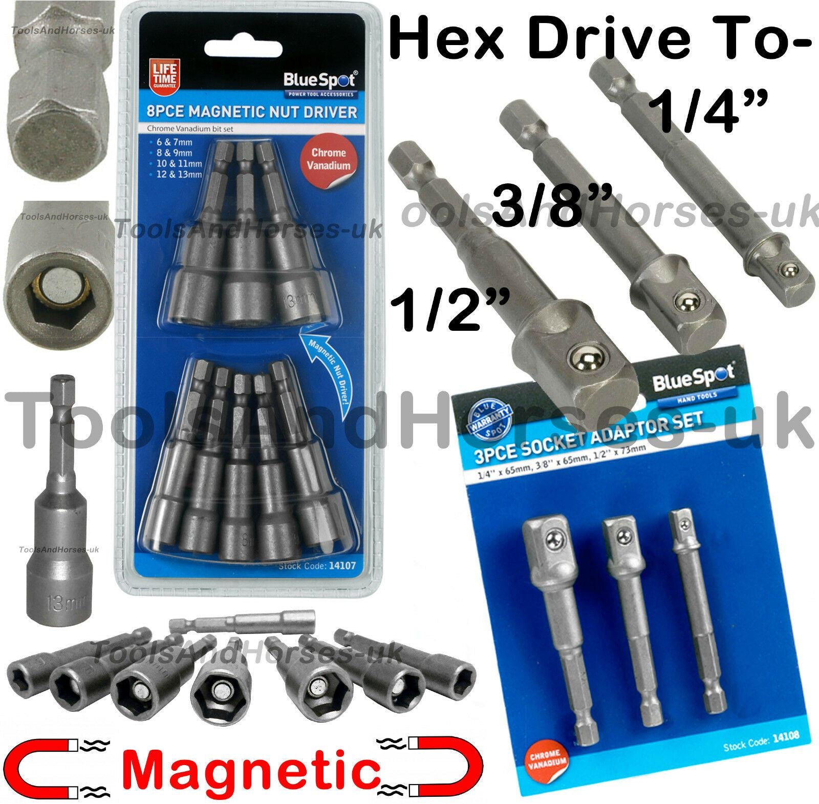 BLUESPOT 11PCS MAGNETIC NUT DRIVER & DRILL ADAPTER SET 6MM - 13MM