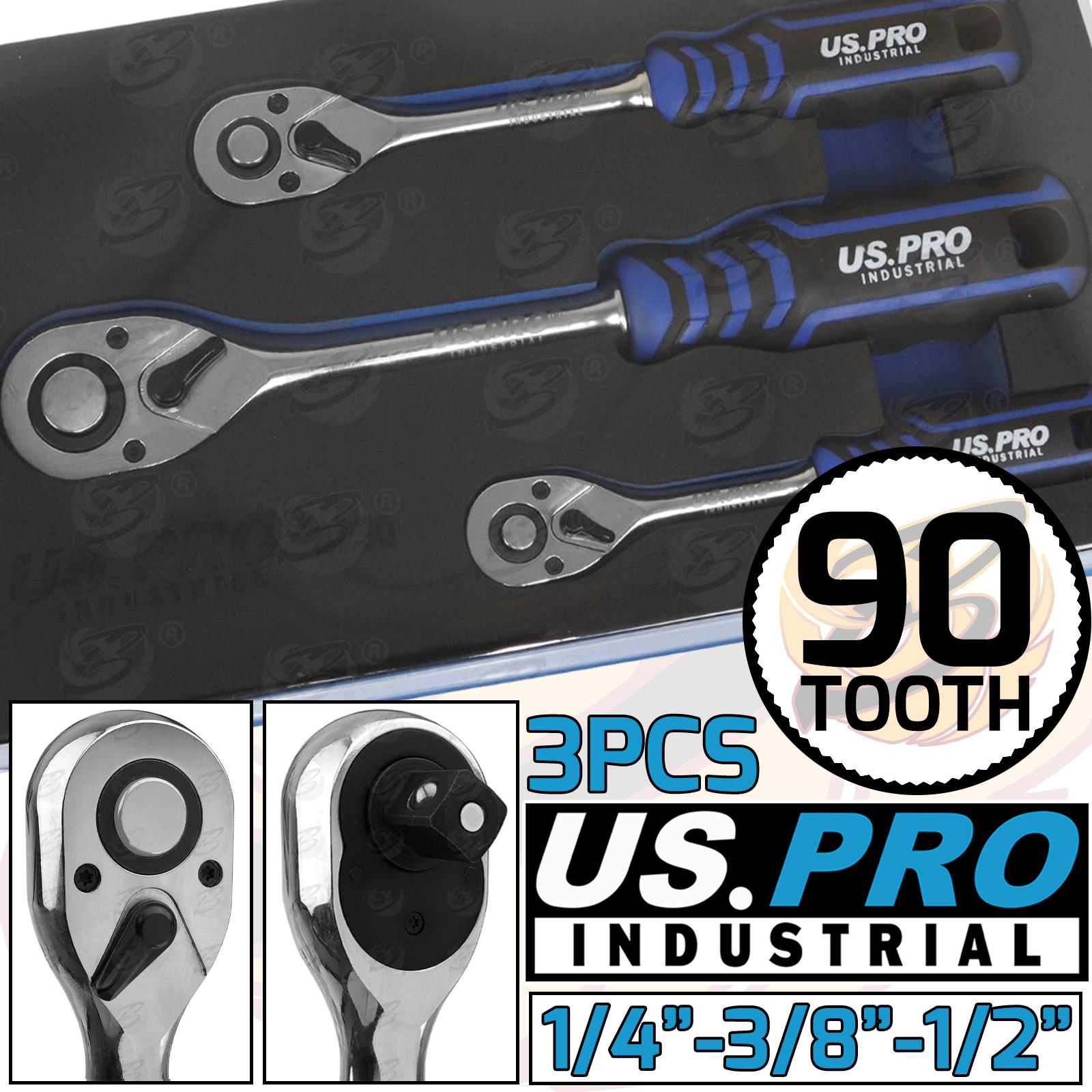US Pro Industrial 3 Piece 1/4" & 3/8" & 1/2" Drive 90 Tooth Curved Ratchet Handles 4230