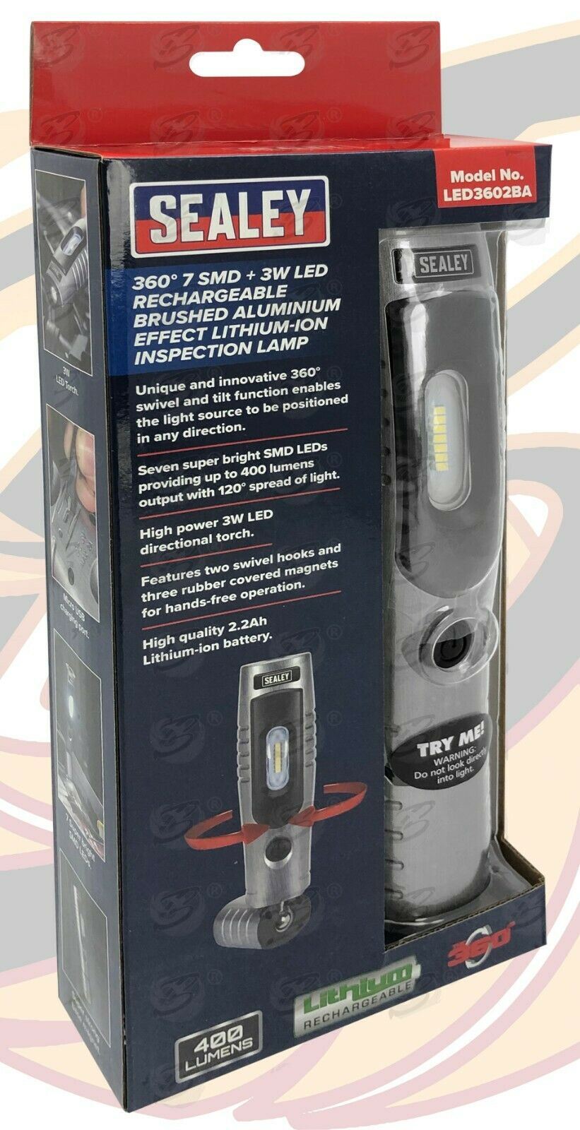 SEALEY RECHARGEABLE SMD LED LI - ION WORK LIGHT ( BRUSHED ALUMINIUM )