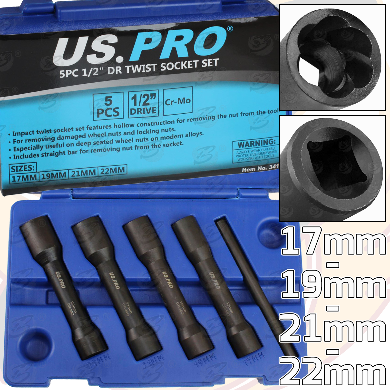 US Pro 5 Piece 1/2" Drive Impact Twist Sockets ( 3412 )
