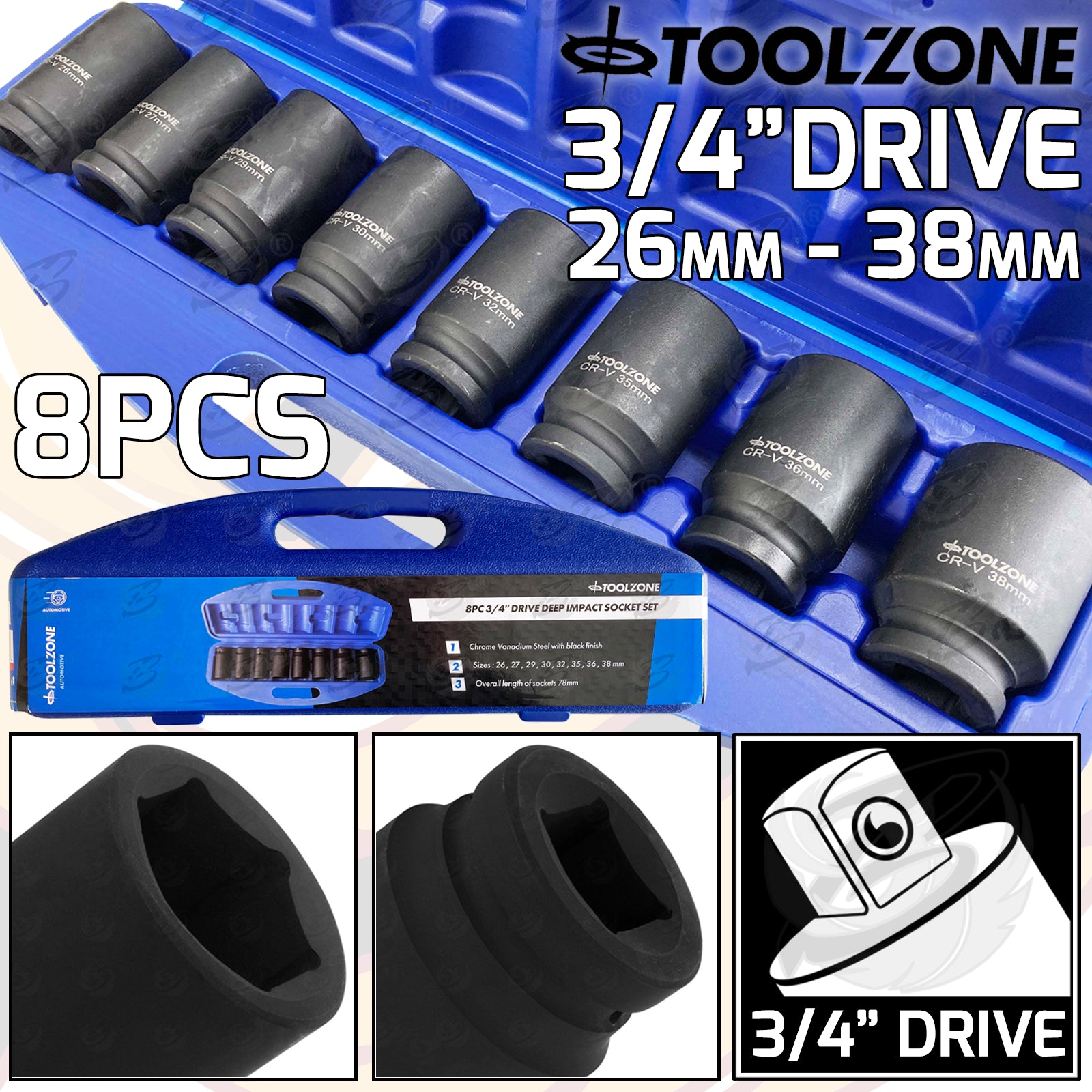 TOOLZONE 8PCS 3/4" DRIVE 6 POINT DEEP IMPACT SOCKETS 26MM - 38MM