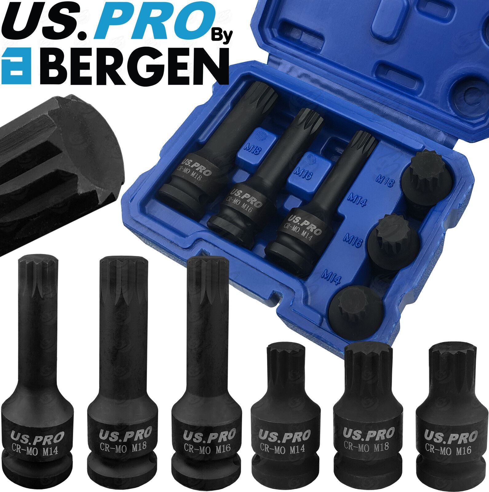 US PRO 6PCS 1/2" DRIVE IMPACT SPLINE BIT SOCKETS M14 - M18