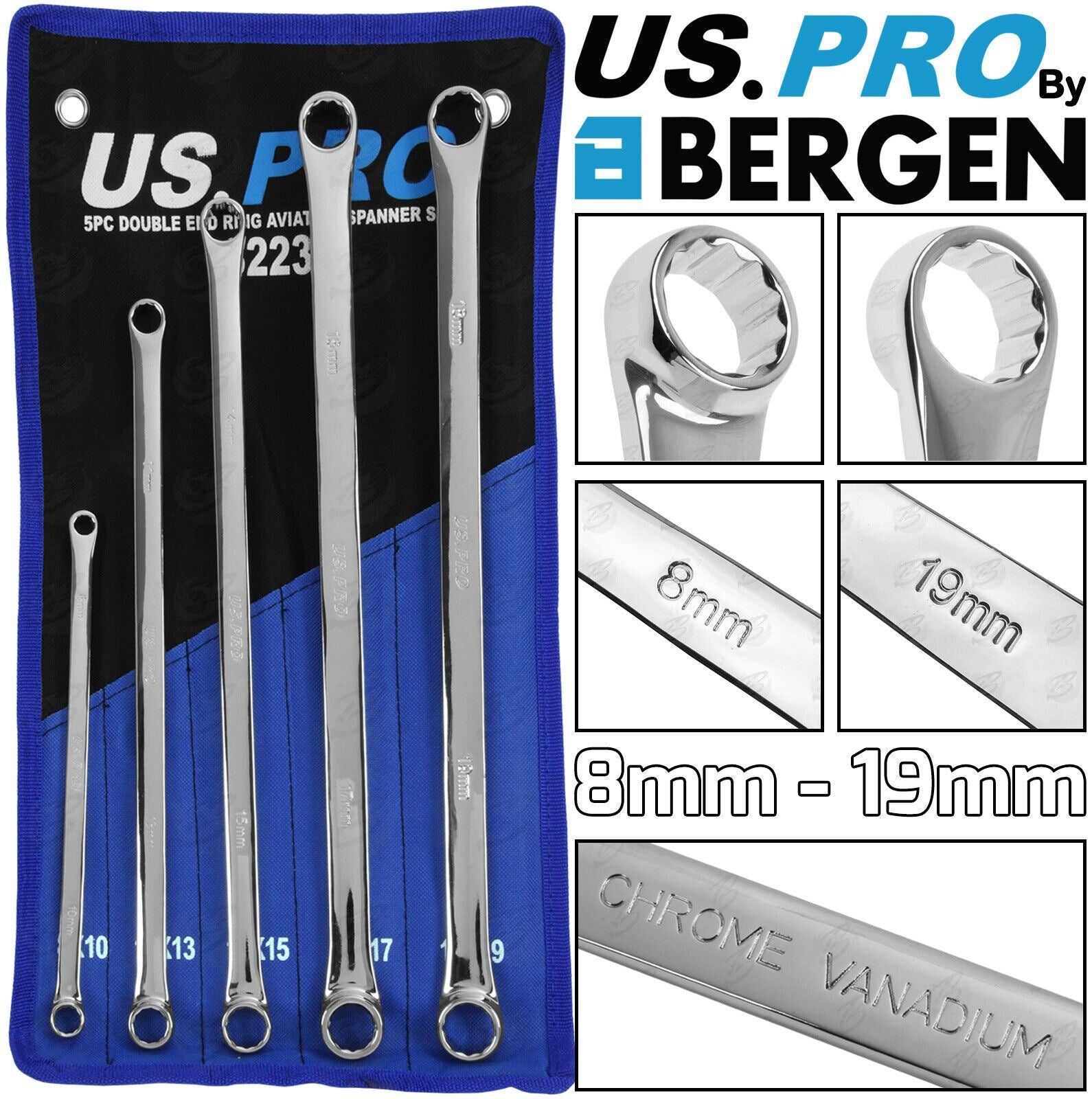 5-Piece Extra Long Reach Spanner Set – 12 Point Ring Spanners 8mm To 19mm (SP087)