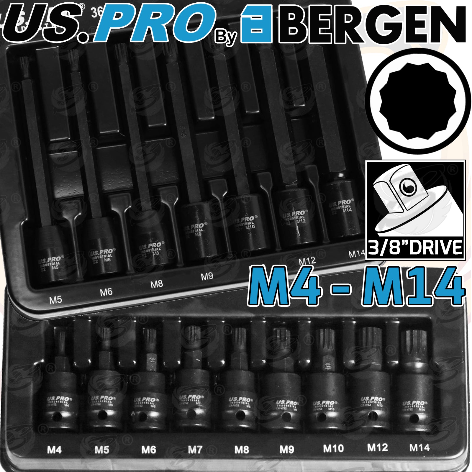 US PRO IMPACT 16PCS 3/8" DRIVE LONG & SHORT SPLINE BIT SOCKET SET M4 - M14