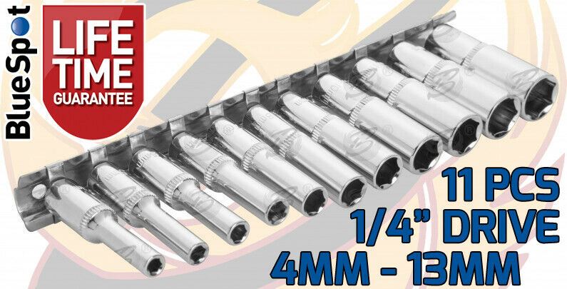 BLUESPOT 15PCS 1/4" DRIVE 6 POINT DEEP SOCKET SET 4MM - 13MM