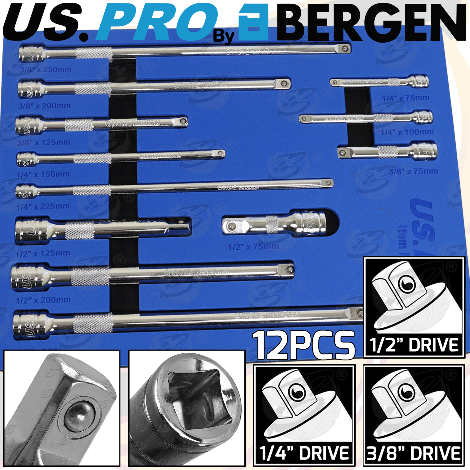 US Pro 12 Piece 1/4" & 3/8" & 1/2" Drive Extension Bars 50mm - 250mm 4234
