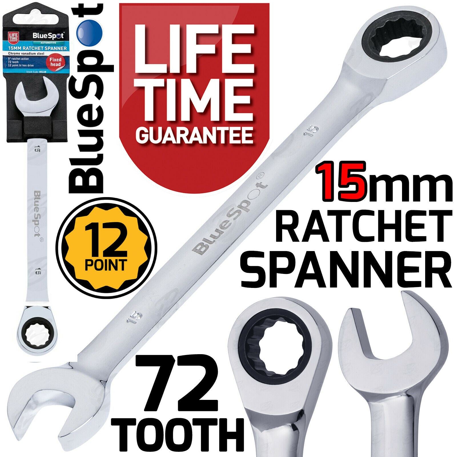 BLUESPOT 15MM 72 TOOTH RATCHET SPANNER