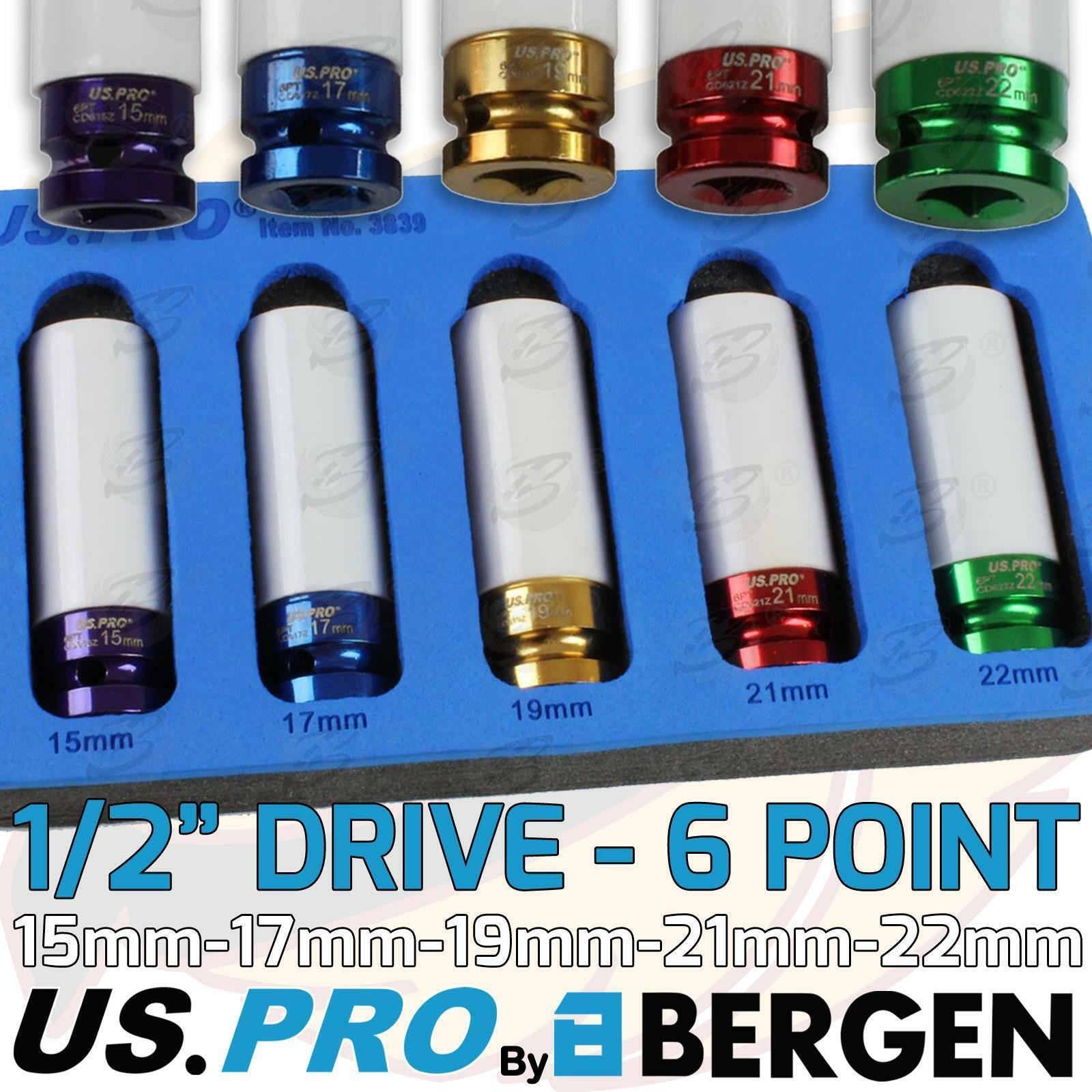 US PRO 5PCS 1/2" DRIVE 6 POINT ALLOY WHEEL NUT SOCKETS 15MM - 22MM