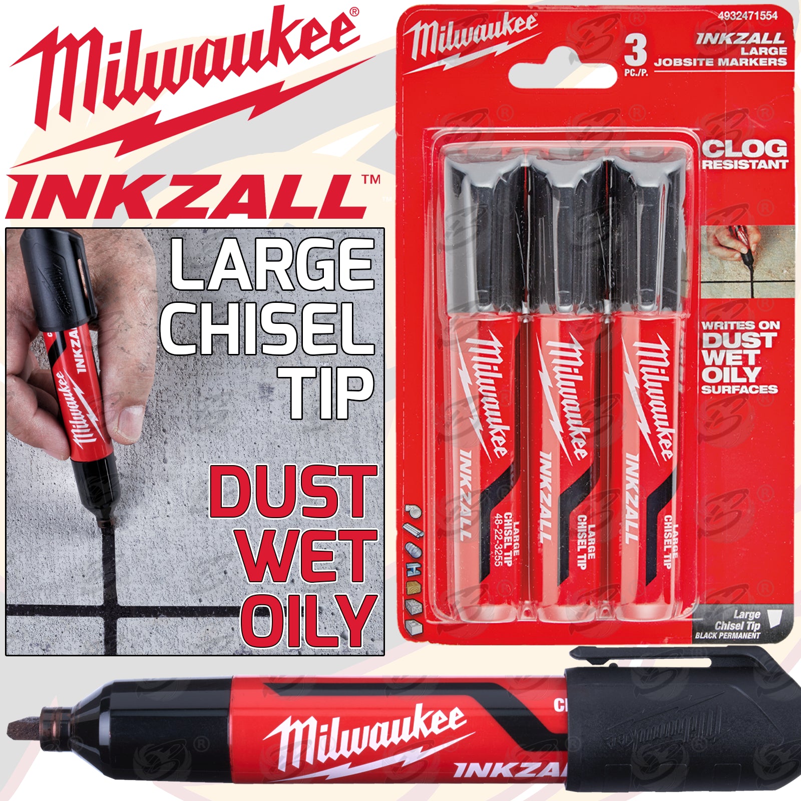 MILWAUKEE INKZALL LARGE CHISEL TIP ALL SURFACE MARKER PENS ( X 3 )