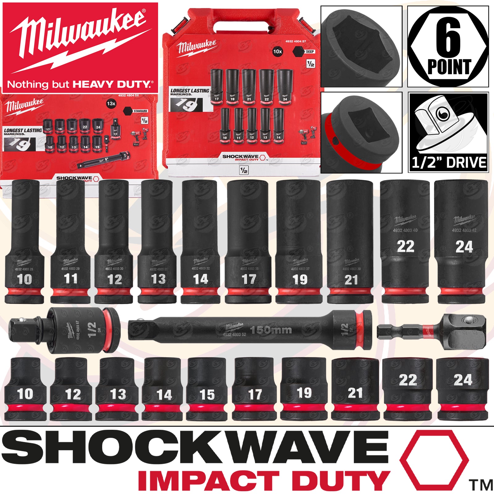 MILWAUKEE 23PCS 1/2" DRIVE 6 POINT DEEP & SHALLOW IMPACT SOCKETS & ADAPTER SET 10MM - 24MM ( SHOCKWAVE IMPACT DUTY )
