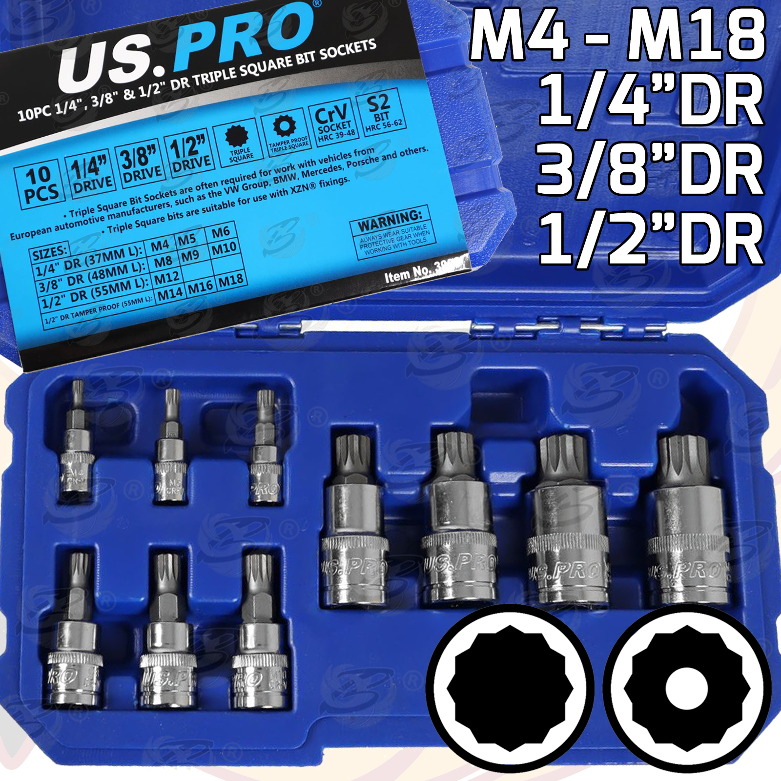 US Pro 10 Piece 1/4" & 3/8" & 1/2" Drive Spline & Tamperproof Spline Bit Sockets M4 - M18 3993