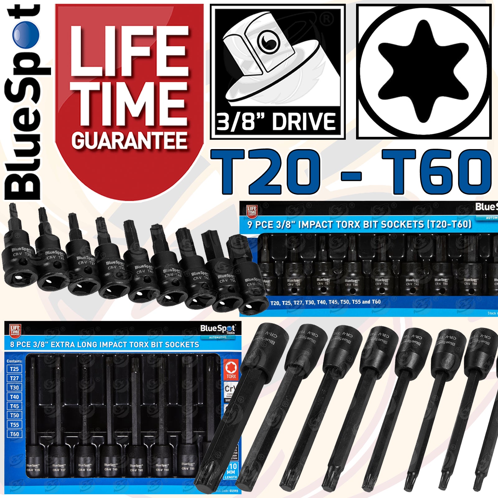 BLUESPOT 17PCS 3/8" DRIVE IMPACT TORX BIT SOCKET SET T20 - T60