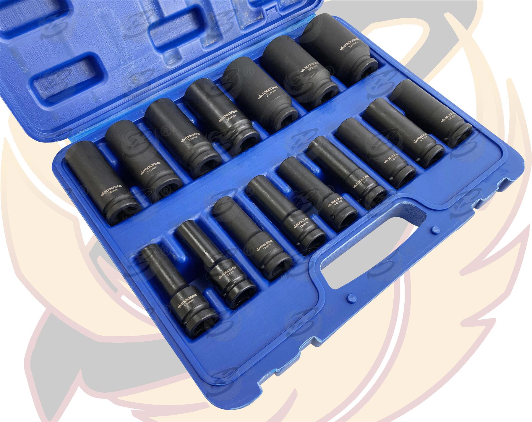 TOOLZONE 19PCS 1/2" DRIVE 6 POINT DEEP IMPACT SOCKETS & EXTENSIONS 10MM - 32MM