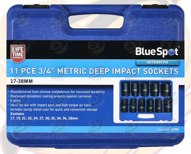 BLUESPOT 11PCS 3/4" DRIVE 6 POINT DEEP IMPACT SOCKETS 17MM - 38MM