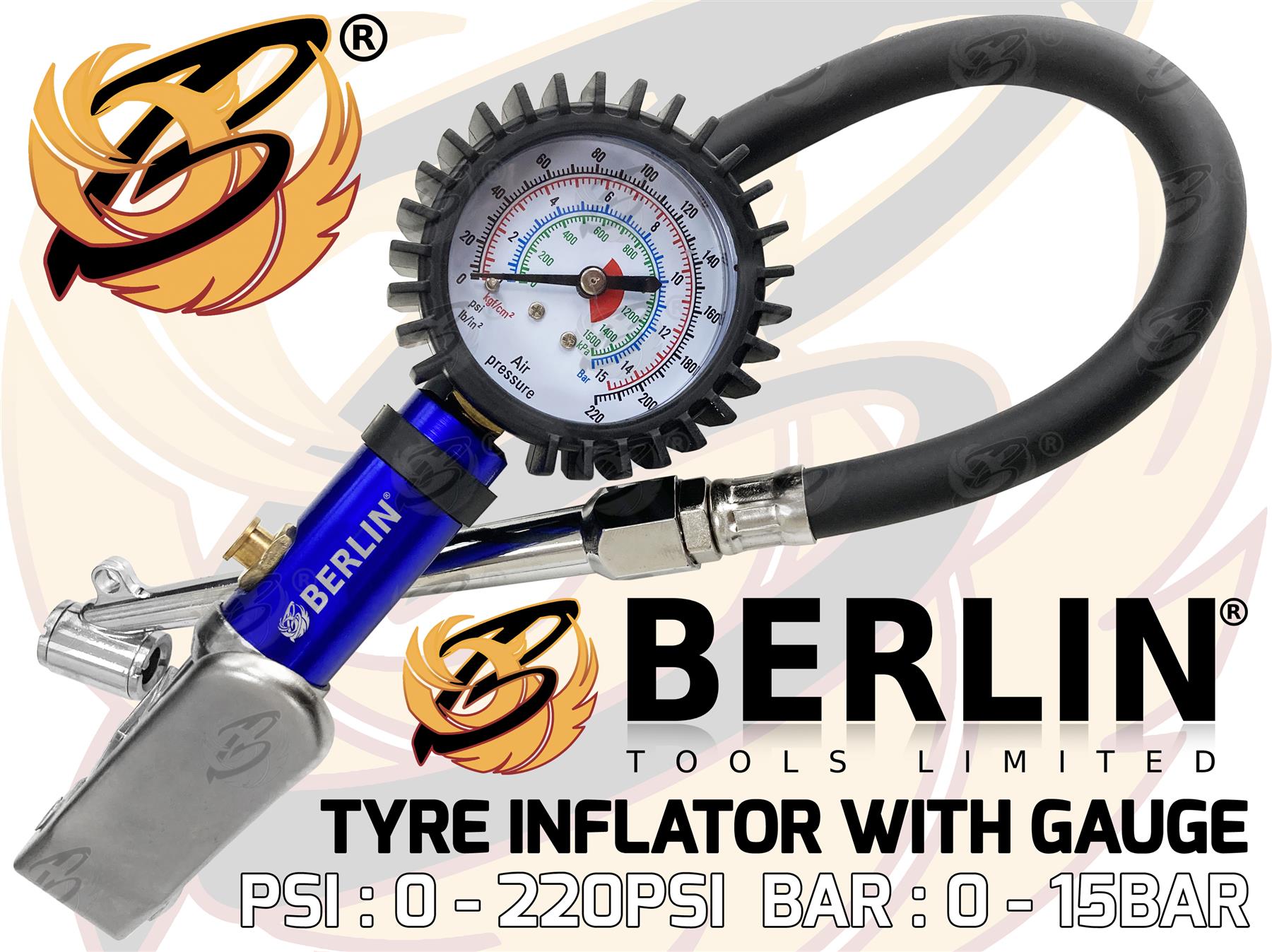 BERLIN TOOLS 220PSI TYRE INFLATOR