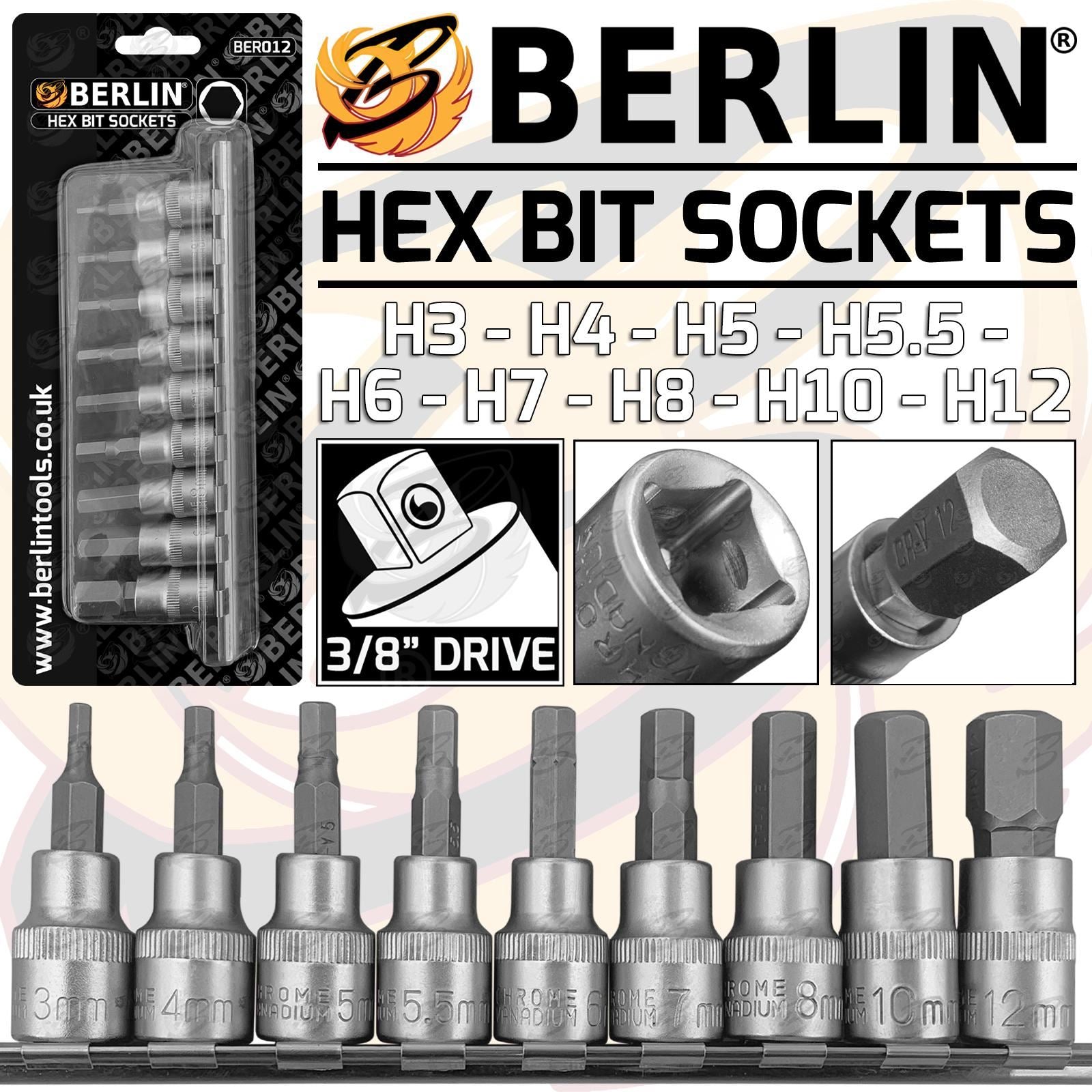 Berlin 9 Piece 3/8" Drive Hex Bit Sockets H3 - H12 ( BER012 )