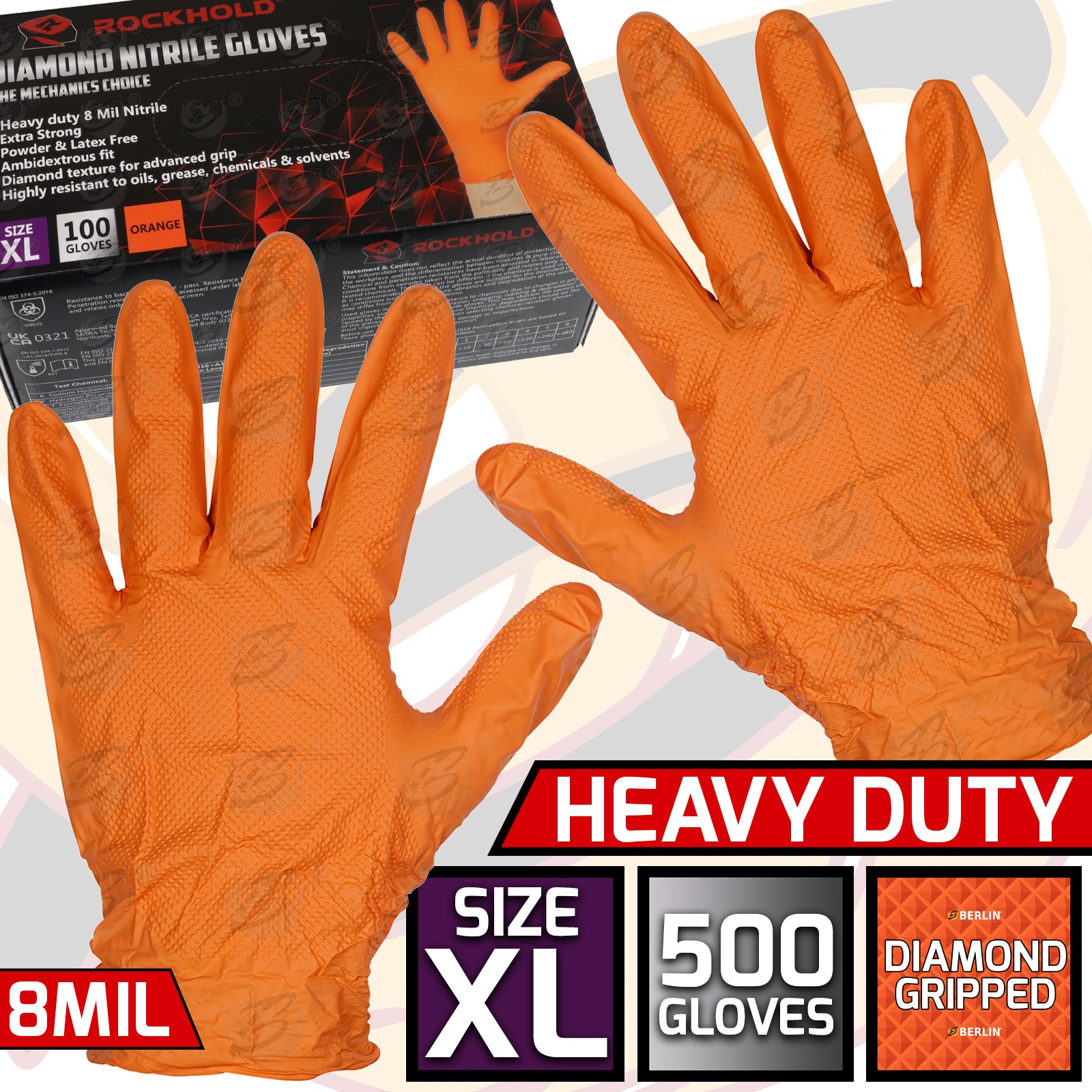 ROCKHOLD HEAVY DUTY ORANGE 8 MIL NITRILE DIAMOND GRIP GLOVES ( X LARGE - 500 GLOVES )