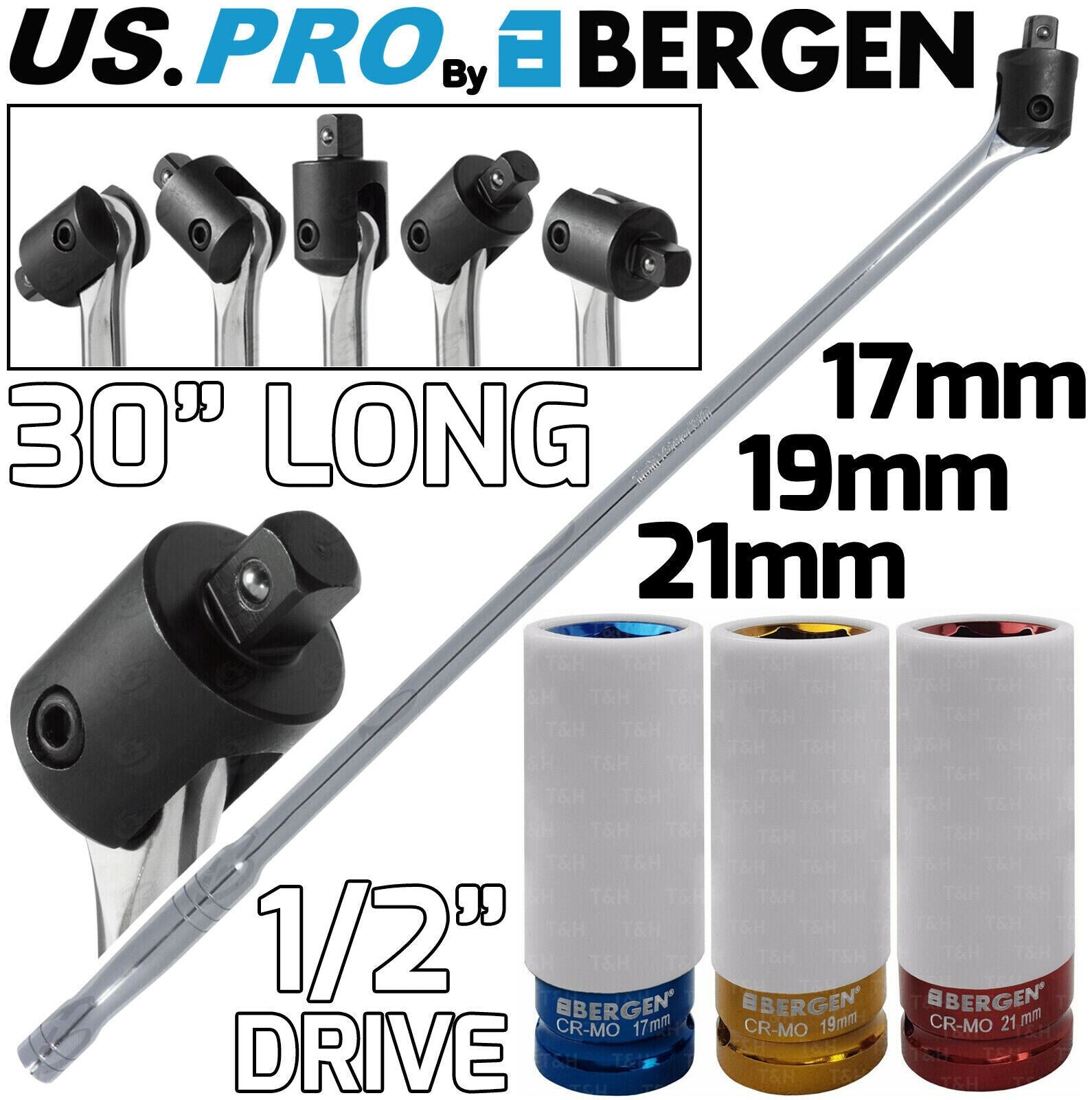 US PRO 1/2" DRIVE 30" LONG BREAKER BAR & 3PCS 6 POINT ALLOY WHEEL NUT SOCKETS 17MM - 19MM - 21MM